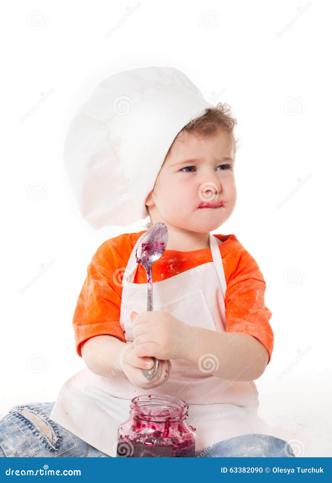 Baby Chef Eating Jam Isolated on White Background Stock Photo - Image ...
