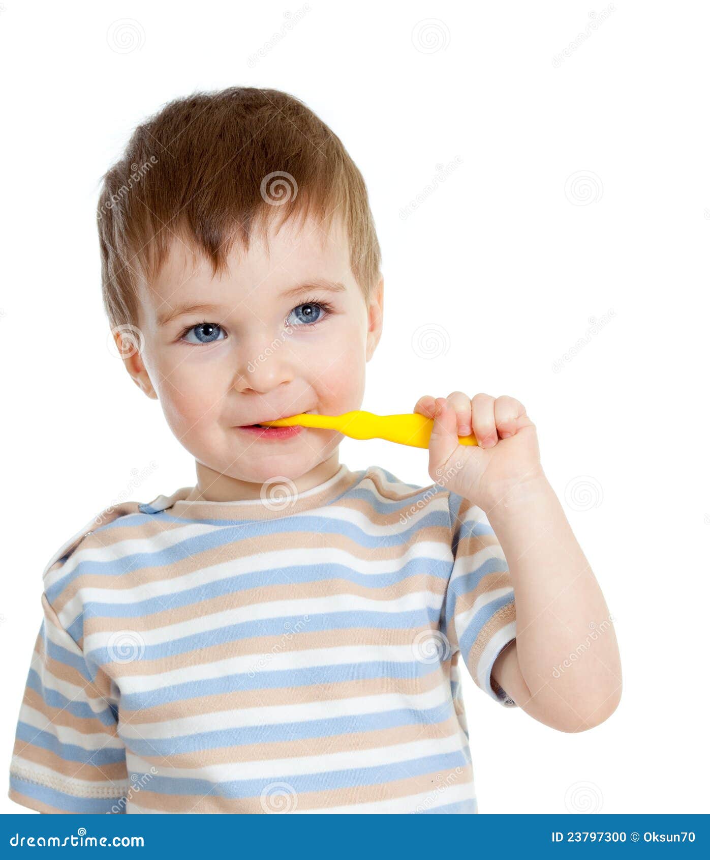 Baby Cleaning Teeth and Smiling, Isolated Stock Photo Image of close