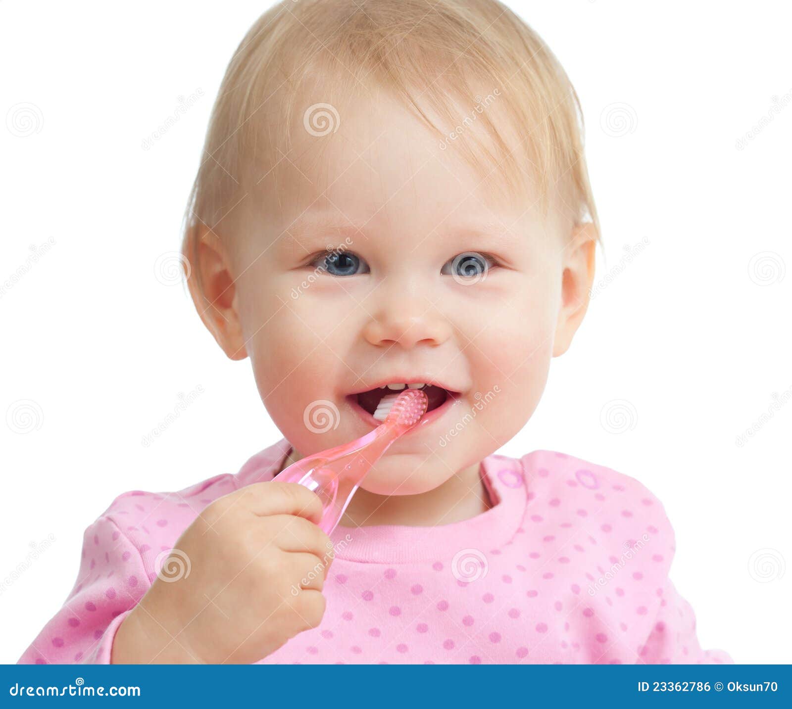 Baby Cleaning Teeth and Smiling, Isolated on White Stock Photo Image