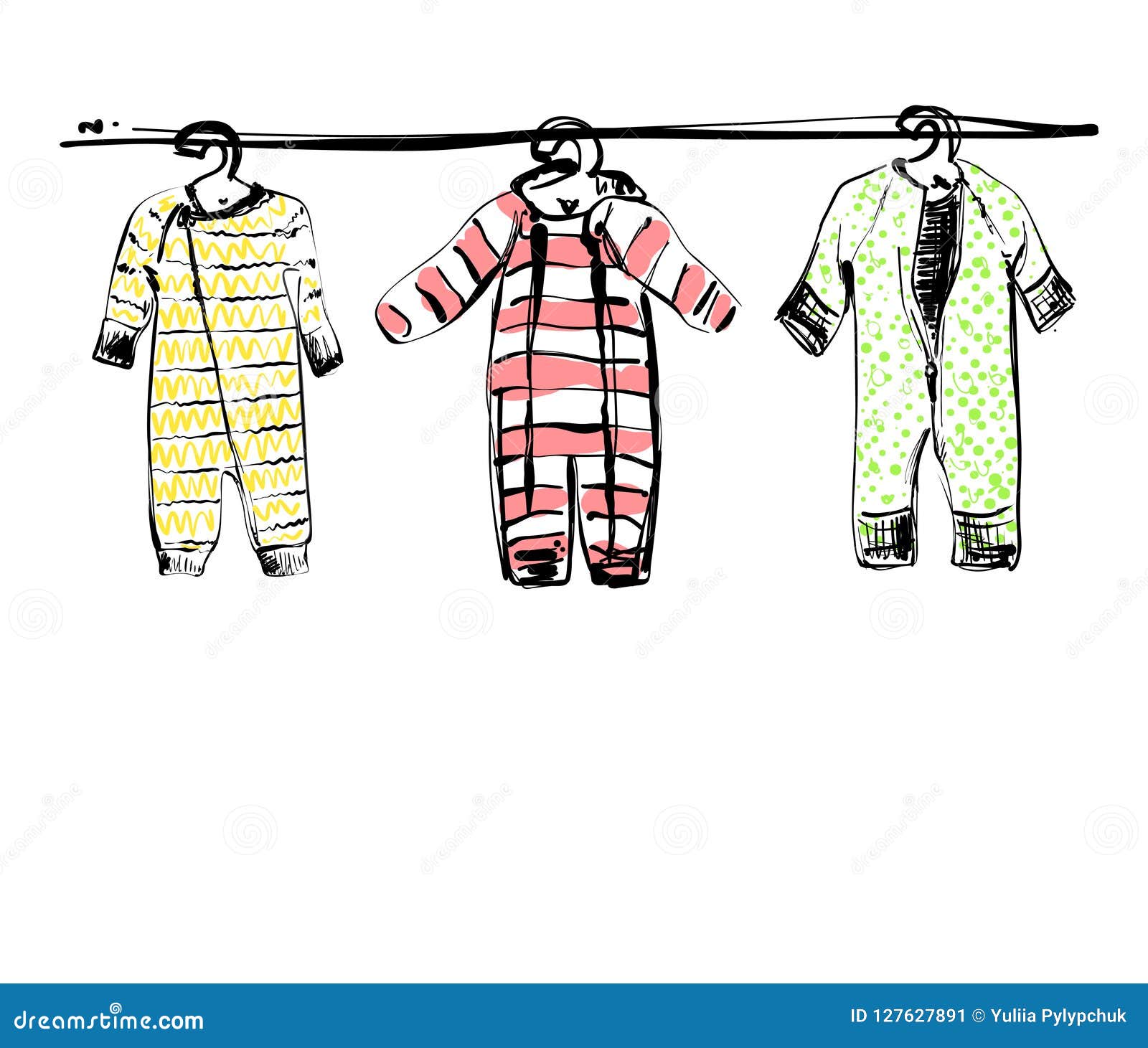 Baby Clothes on Clothesline. Hand Drawn Illustration. Sketch. Newborn