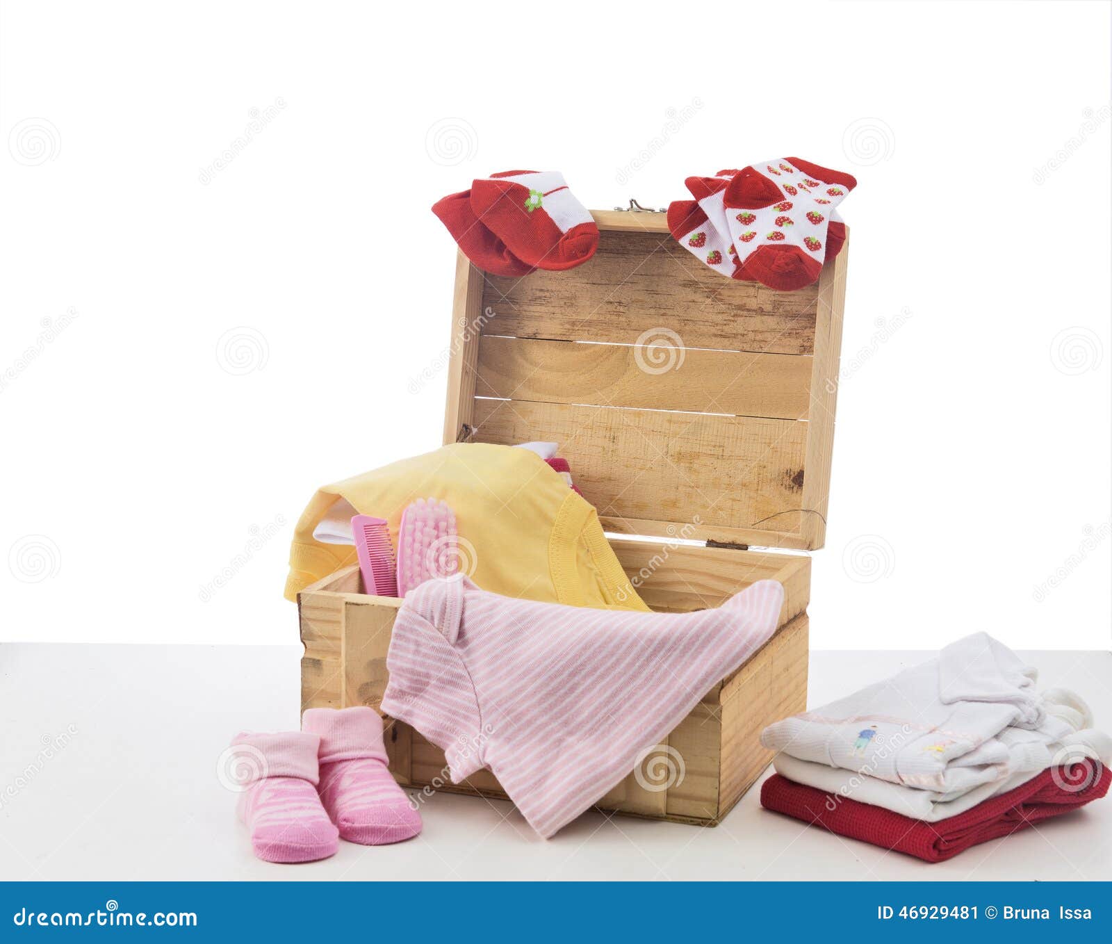 Baby clothes on wood box stock image. Image of pink, background 46929481