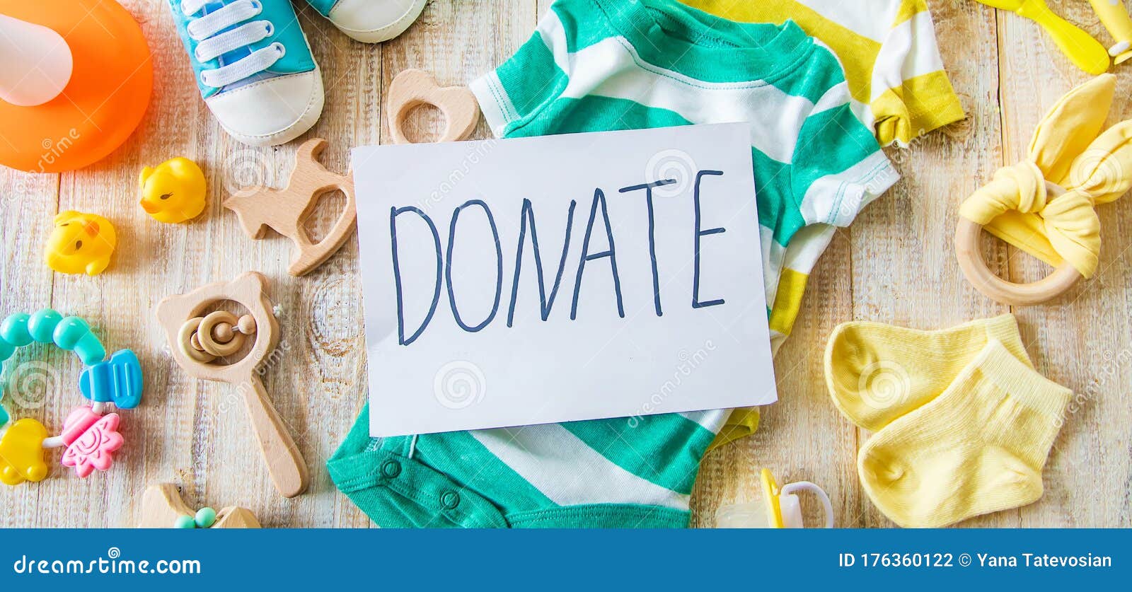 Baby Clothing and Donation Accessories. Selective Focus Stock Photo