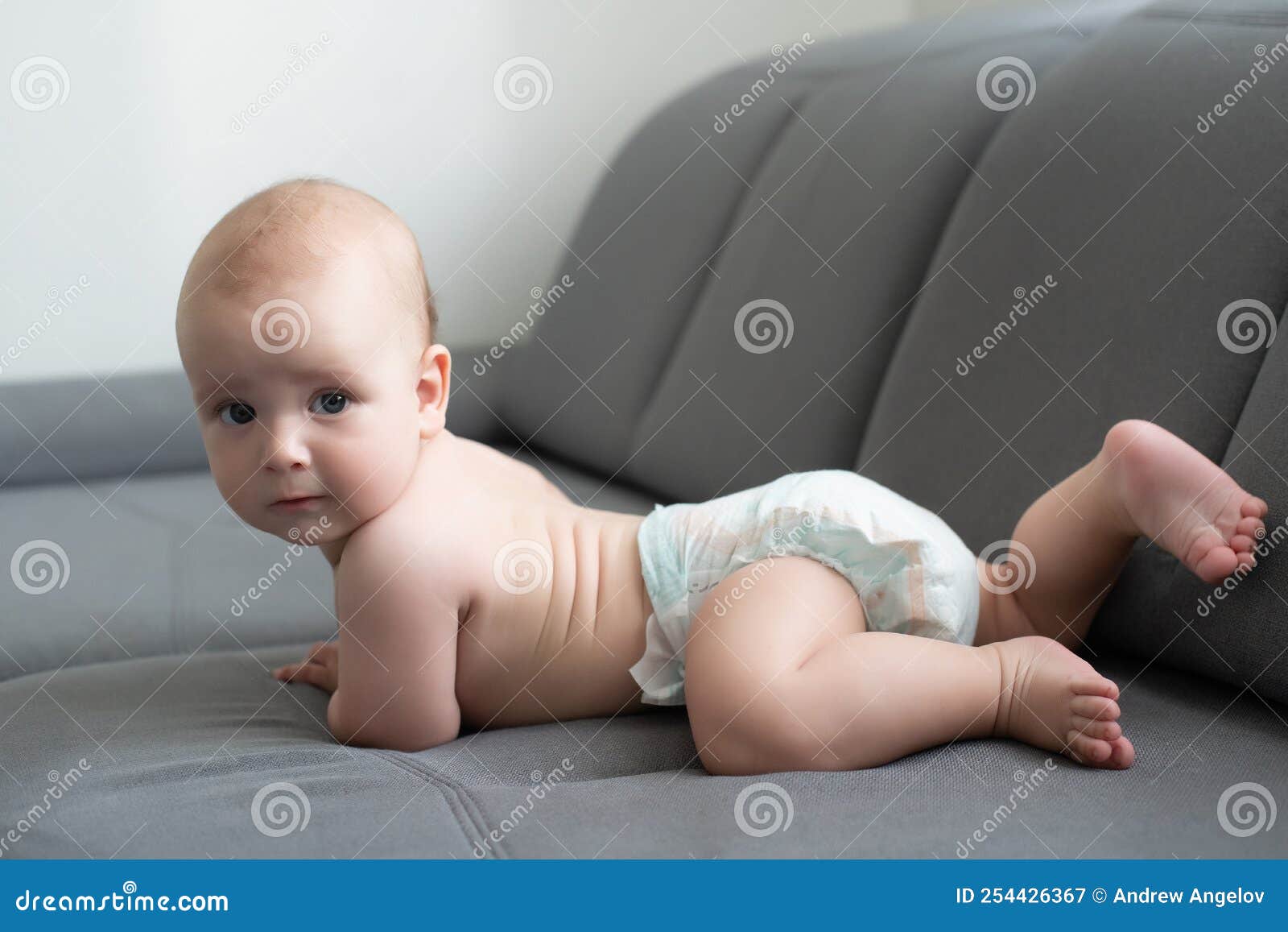 Baby on the couch at home stock image. Image of caucasian 254426367