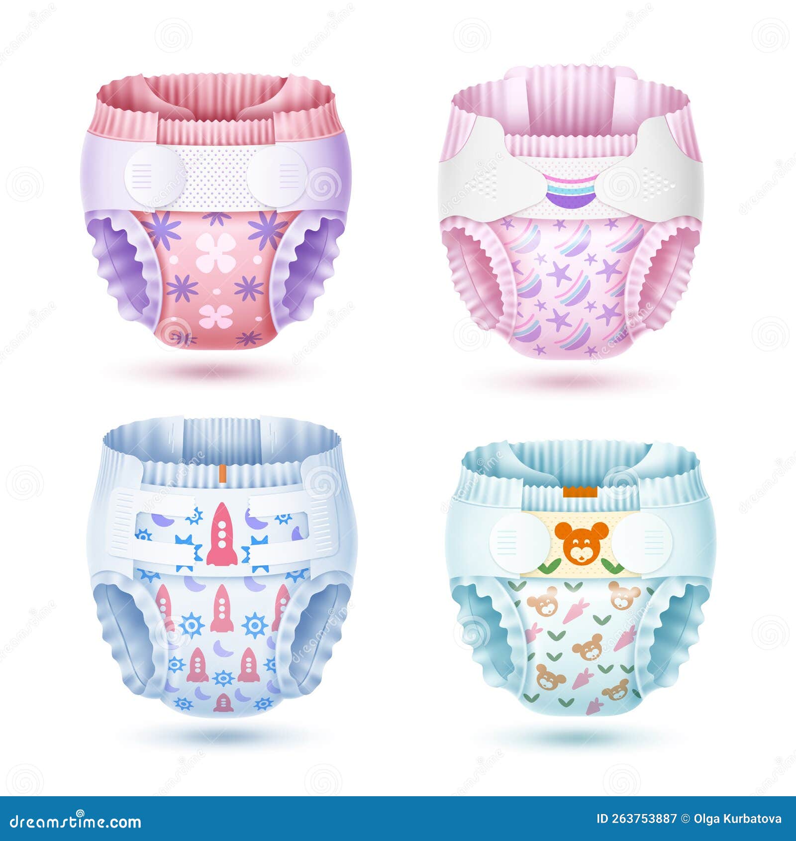 baby diapers . realistic cotton absorbent panties with velcro, different kids patterns, girly and boyish colors