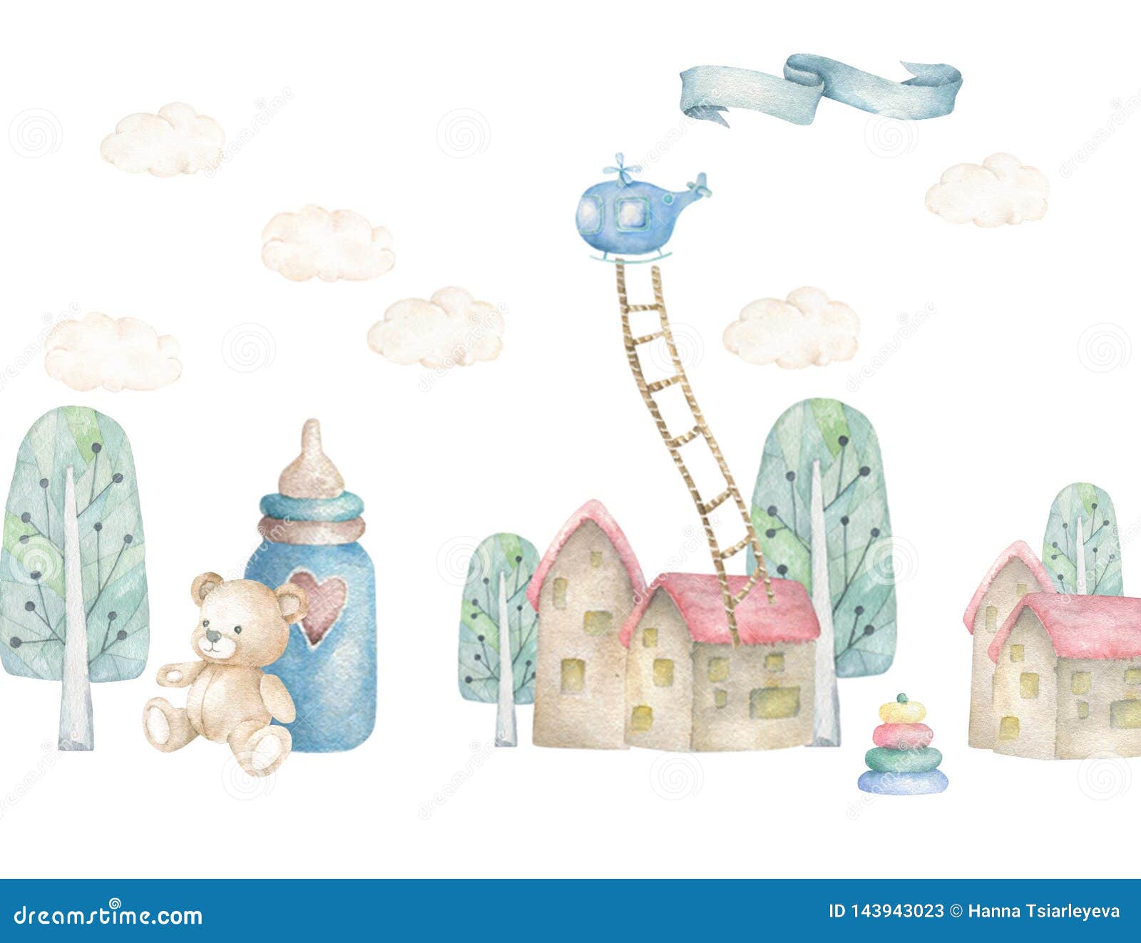 Baby Dream Land With Treen And Little House Helicopter Nad Strairs Children Illustration Watercolor Cute Town White Background Stock Illustration Illustration Of Camp Lands 143943023