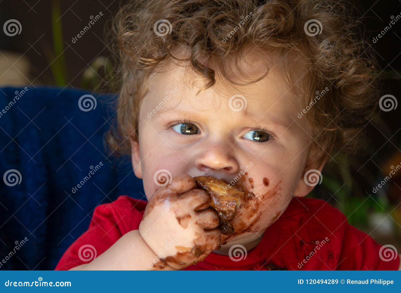 Baby is Eating a Chocolate Cake Stock Image Image of young, food