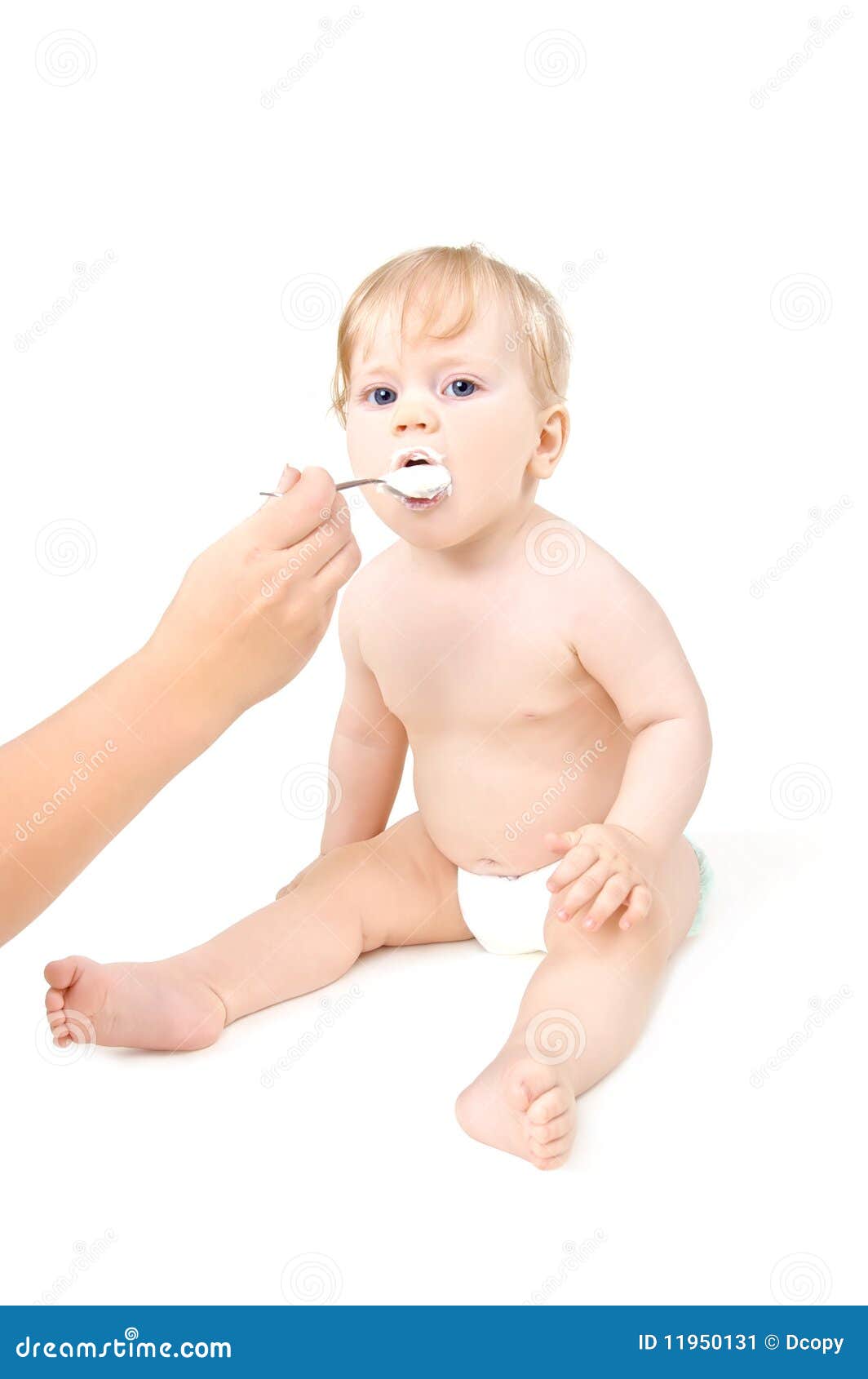 Baby Eating Cottage Cheese Or Yogurt Stock Image Image Of Cheese