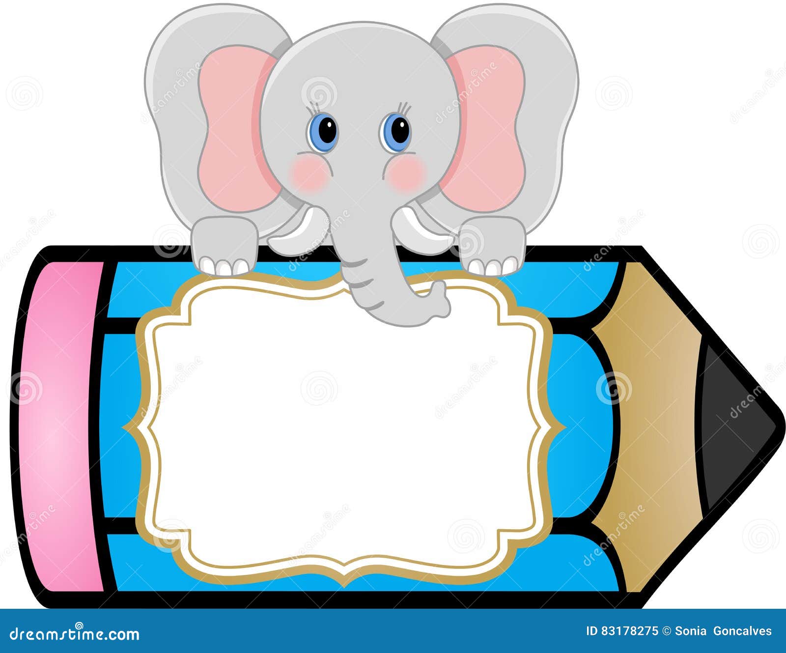 Baby Elephant with Pencil Personalized Label Sticker Stock Vector