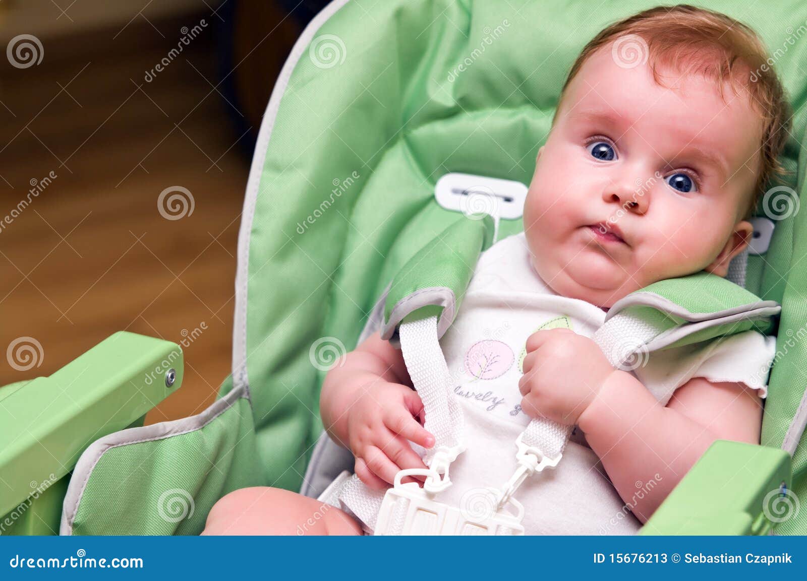 Baby in feeding chair stock image. Image of caucasian 15676213