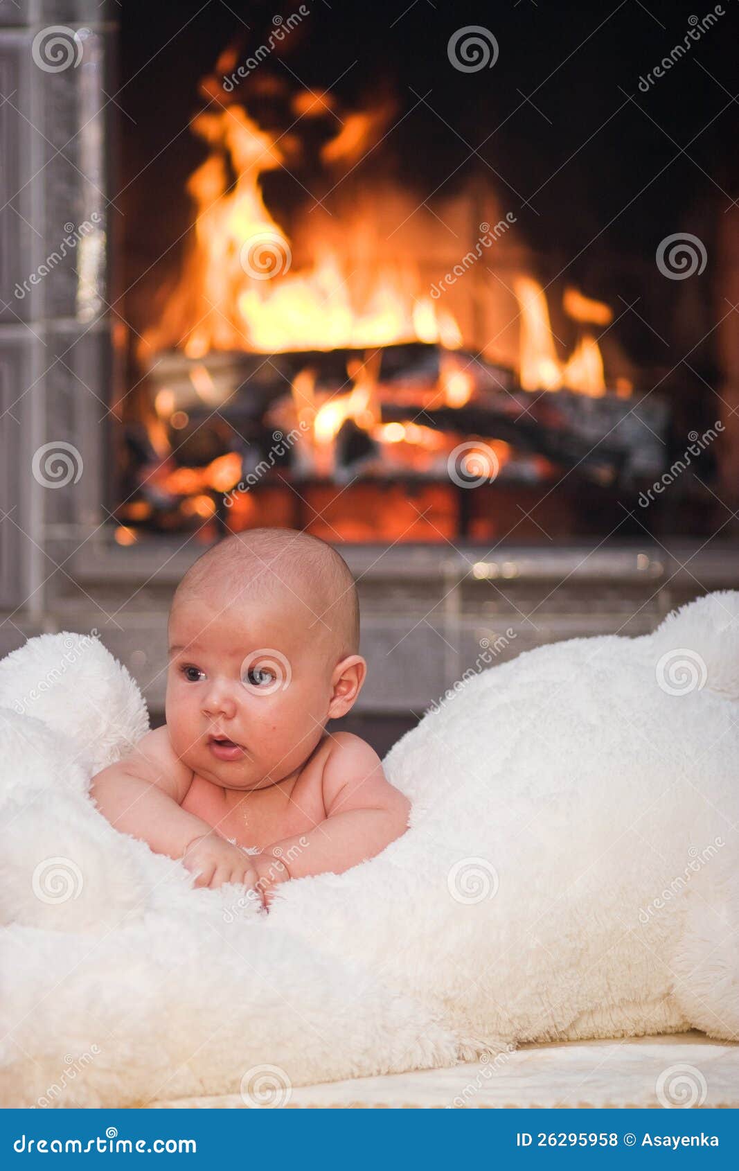 Baby with fireplace stock photo. Image of fleece, person 26295958
