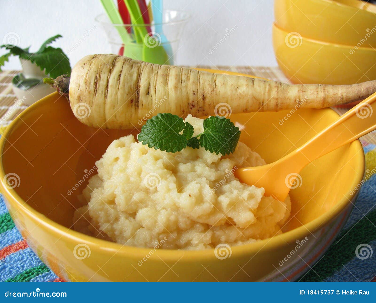 Baby Food Pureed Parsnip On A Spoon Stock Photo - Download Image