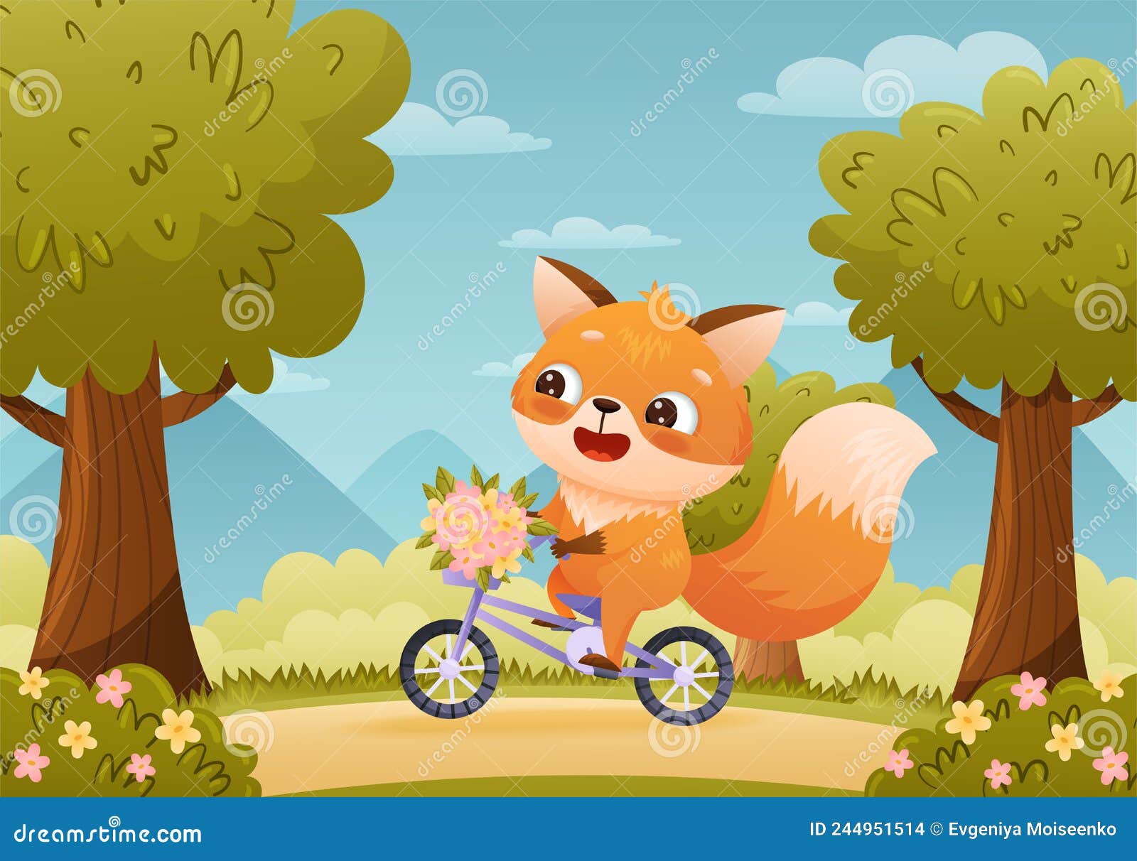 Baby Fox Rides a Bicycle with a Bouquet of Flowers in a Basket Stock ...