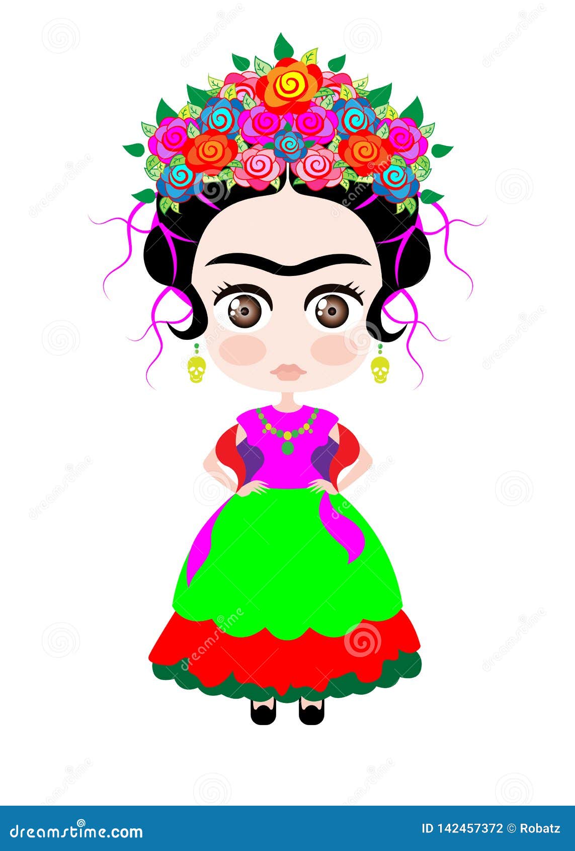 baby frida kahlo with crown of colorful flowers, kokeshi doll style, cartoon doll in typical ethnic mexican clothes for children,
