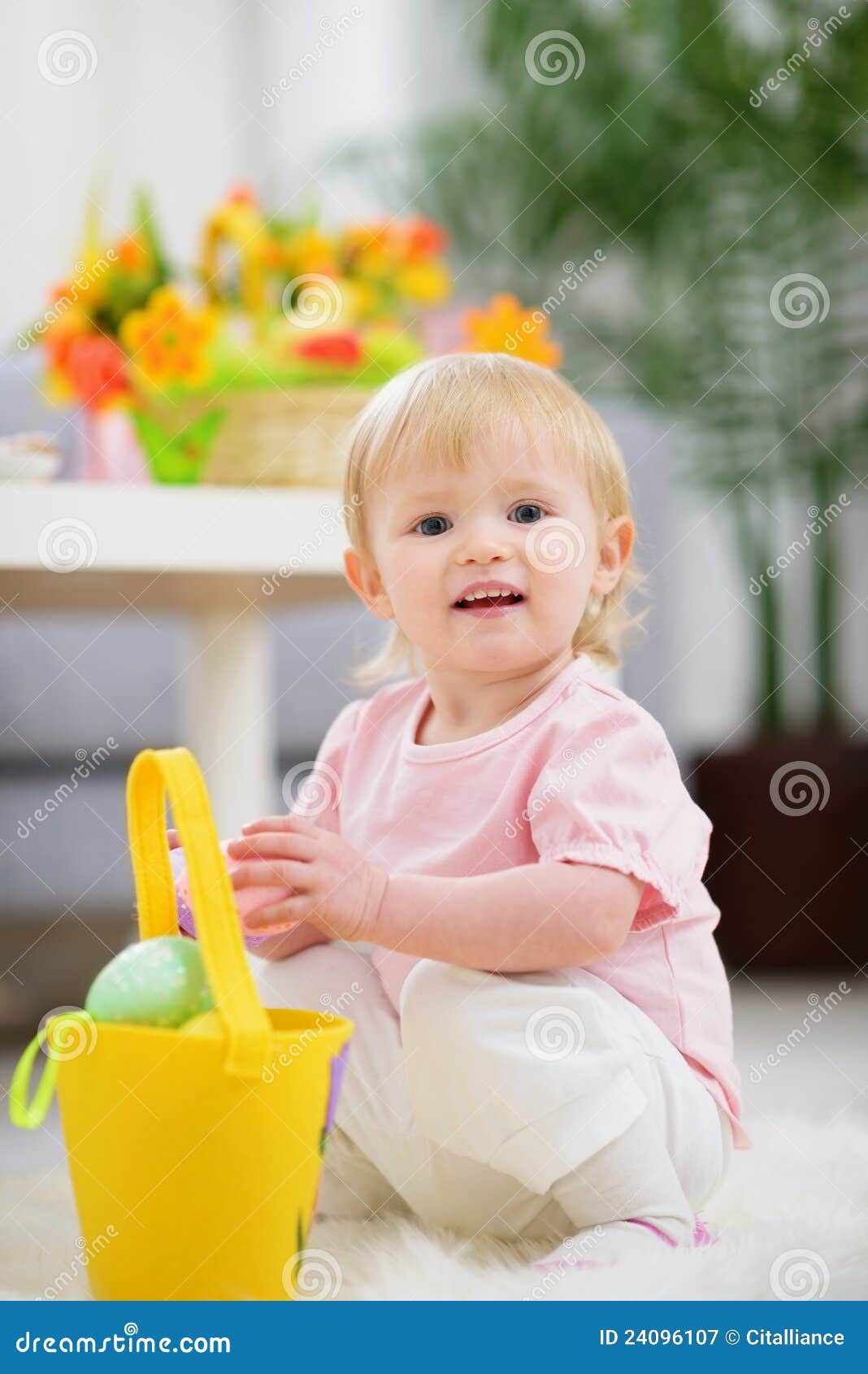 Baby Gathering Easter Eggs in Basket Stock Image Image of pretty