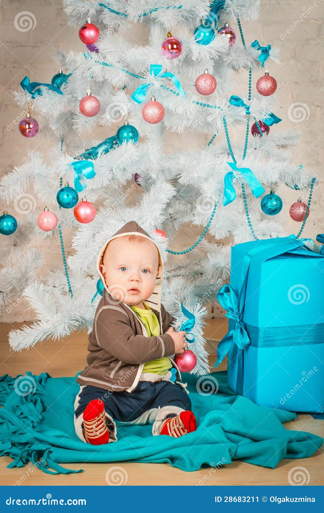 A Baby with Gifts at Christmas Tree Stock Image - Image of male ...
