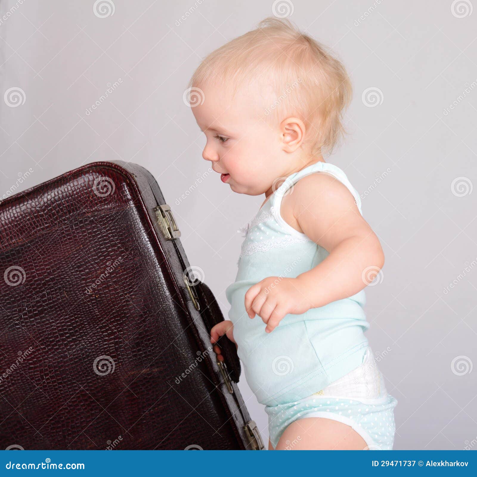 Baby Girl Playing with Suitcase on Grey Background Stock Image Image