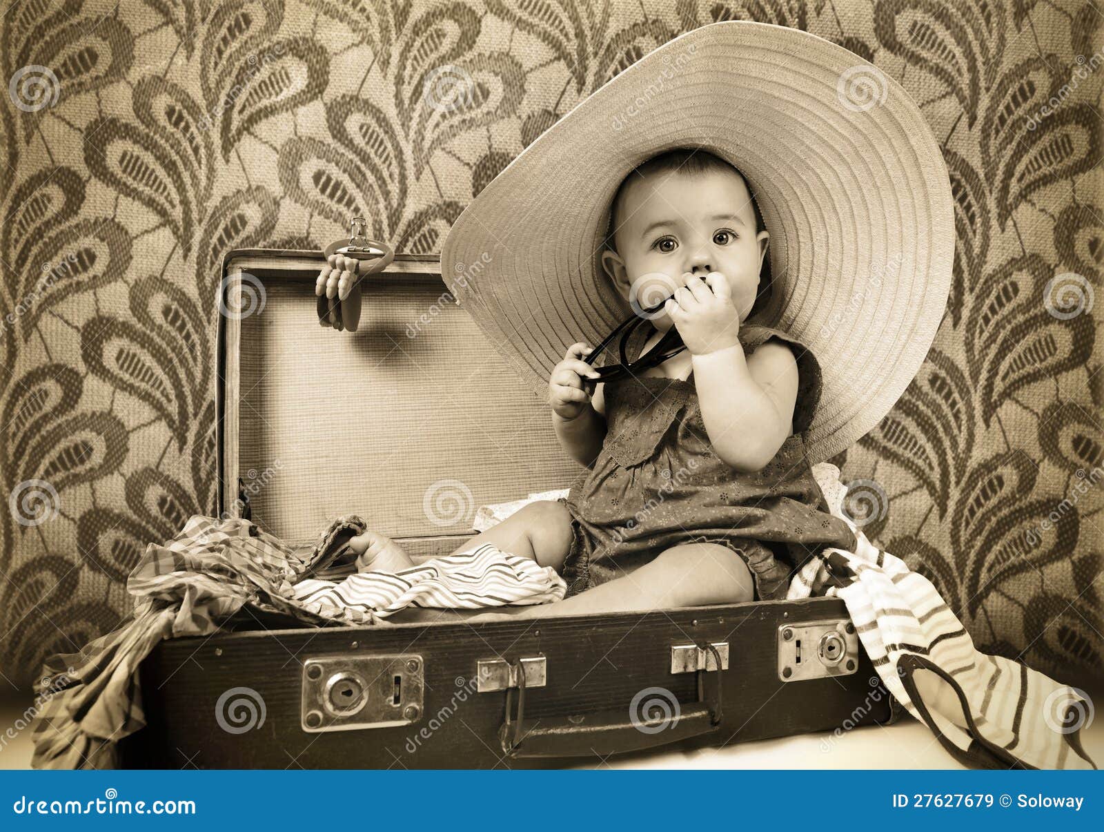 Baby Girl Sitting into the Old Suitcase Stock Image Image of infant