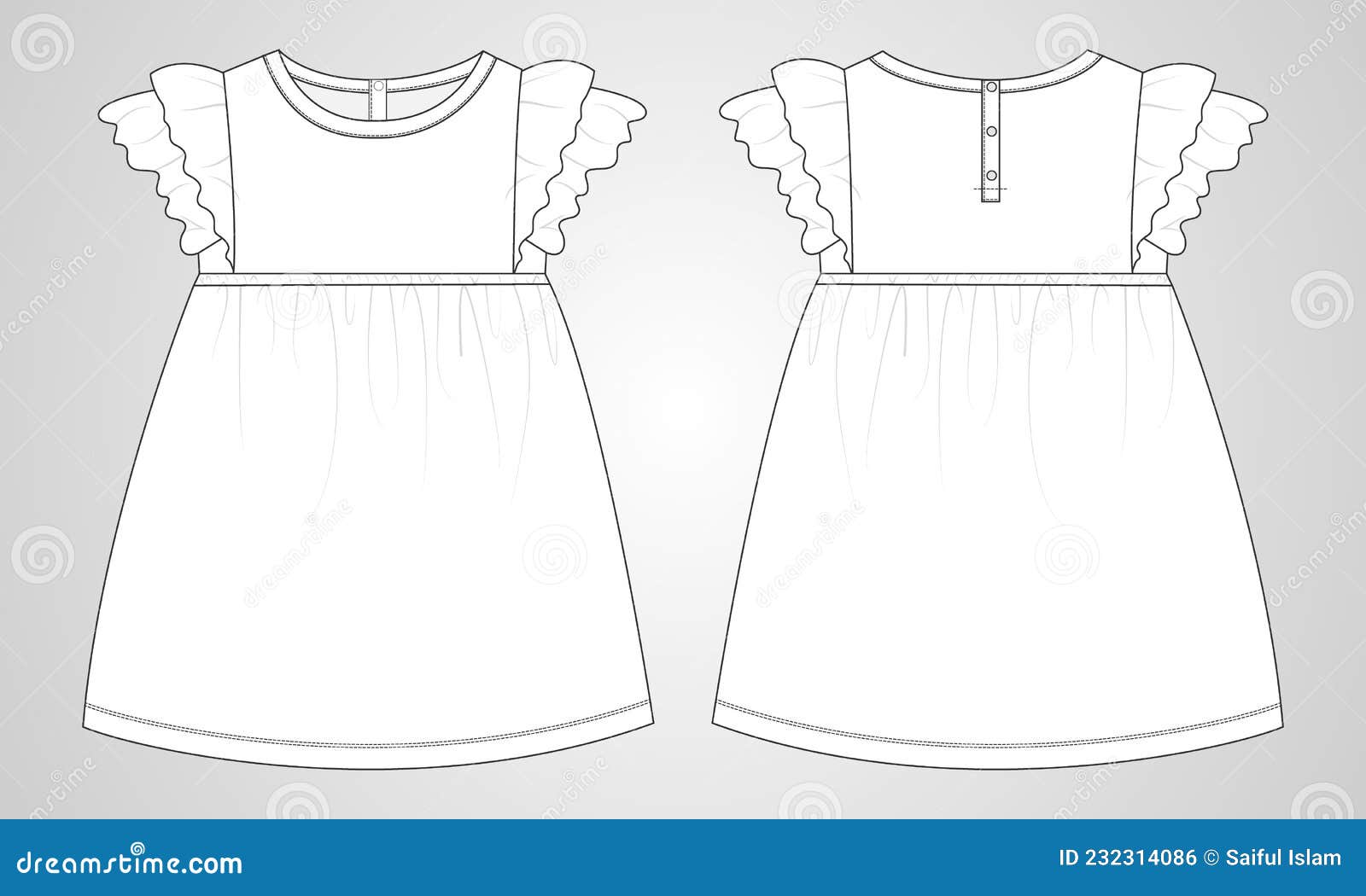 Baby Girls Dress Design Technical Flat Sketch Vector Illustration Template.  Stock Vector - Illustration of isolated, vector: 232314086