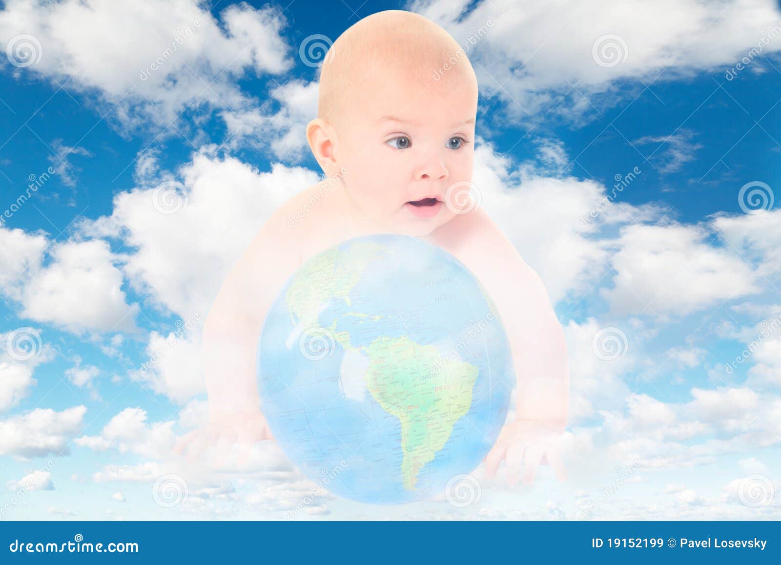 Baby with Glass Globe on Clouds in Sky Stock Image Image of geography