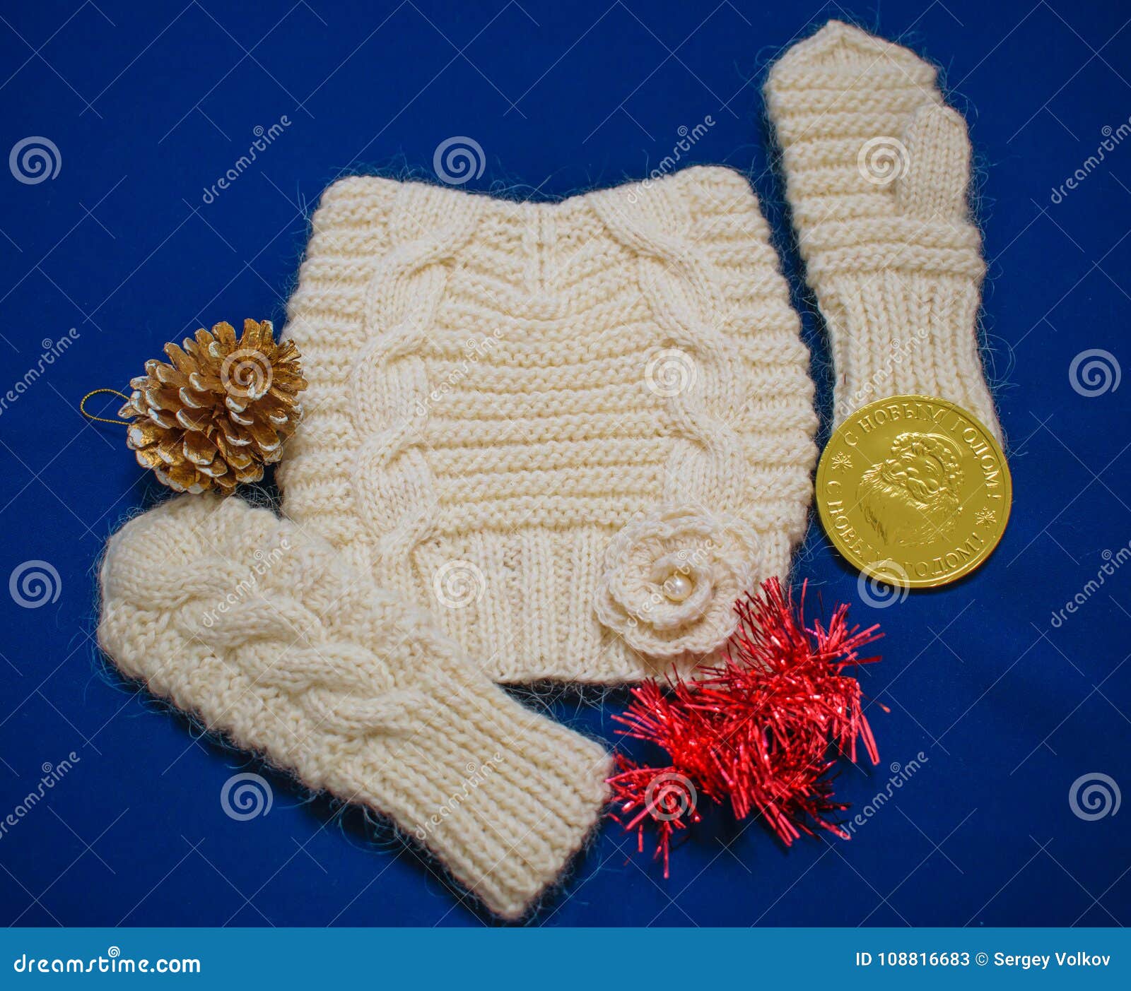 Baby Hat And Mittens On Blue Background Stock Image Image