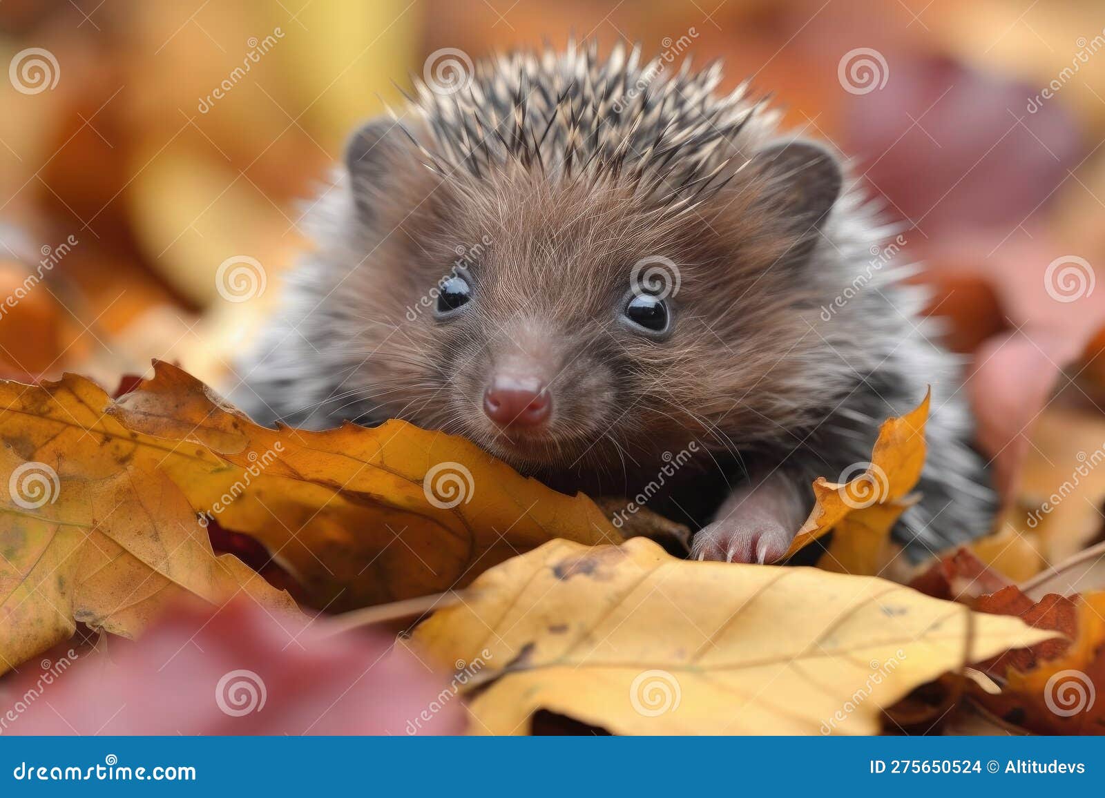 a baby hedgehog with its head and forelegs uncurled, surrounded by a pile of autumn leaves