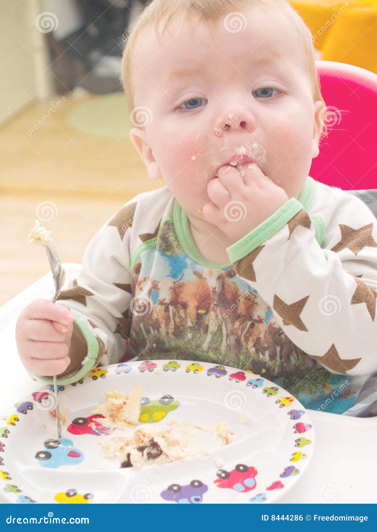 Baby on His First Birthday Eating Cake Stock Photo Image of highchair