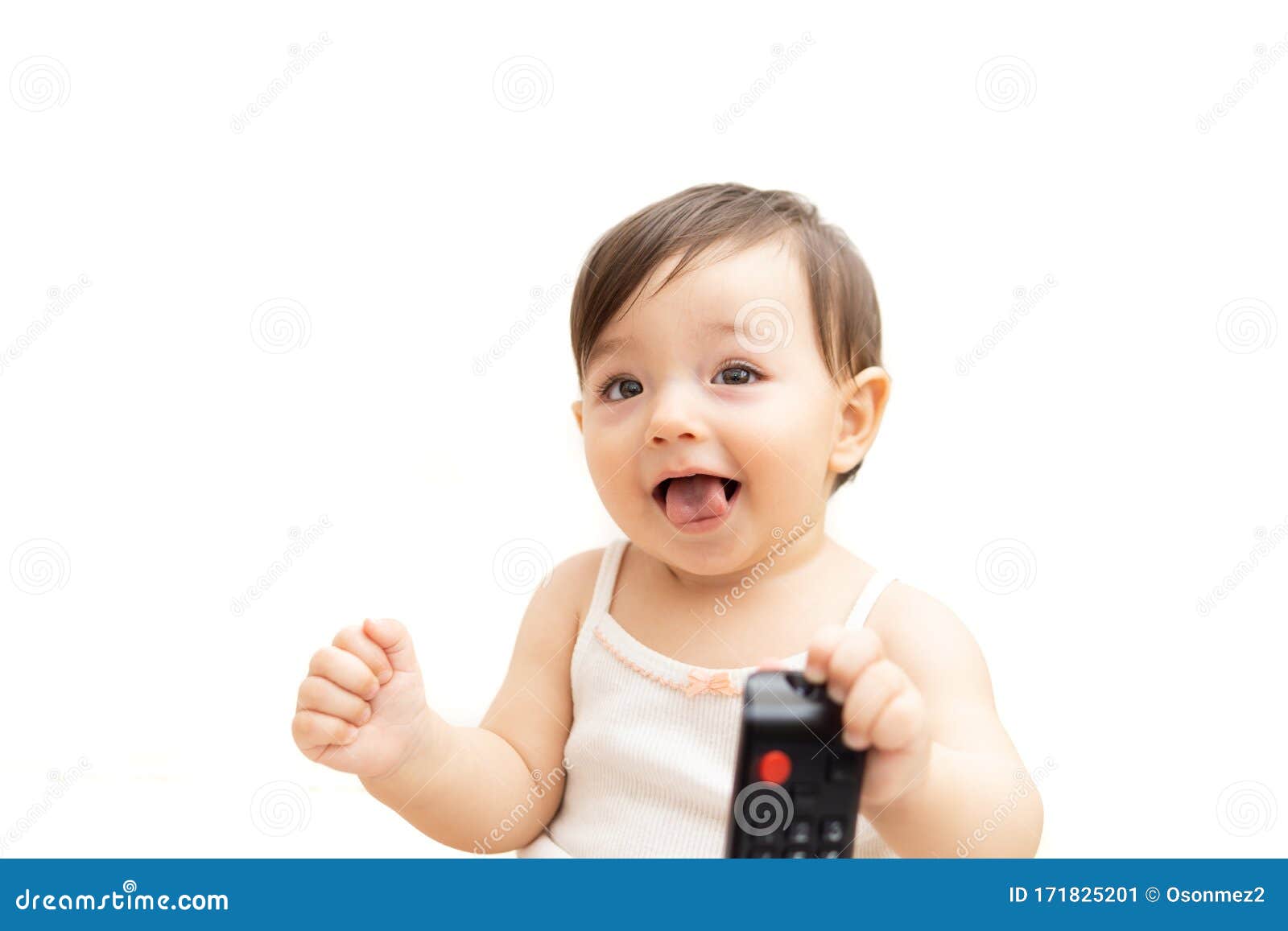 Baby Holding Tv Remote in Hand, with White Background Stock Image