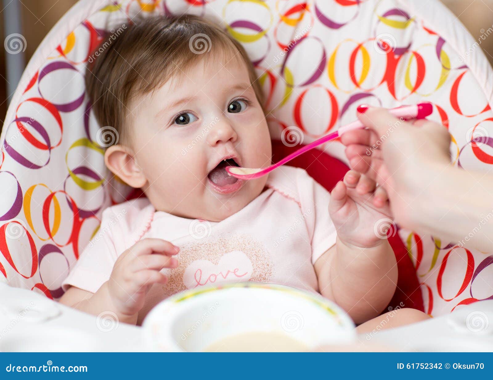 Baby Kid Girl Eating Food with Mother Help Stock Photo - Image of