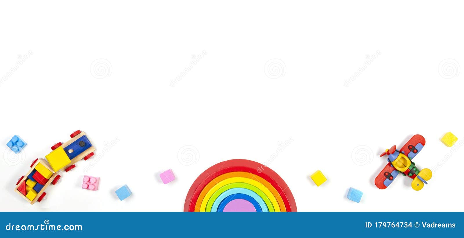 Baby Kids Toys Banner Background with Wooden Train, Rainbow, Red Plane and  Colorful Blocks. Top View, Flat Lay Stock Photo - Image of education,  educational: 179764734