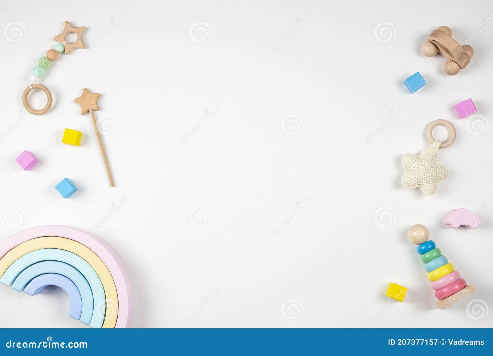 baby kids toys frame on white background. top view. flat lay. copy space for text