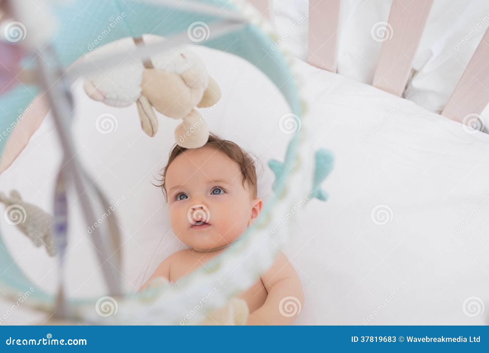 Baby Looking at Toys Hanging in Crib Stock Image Image of cute