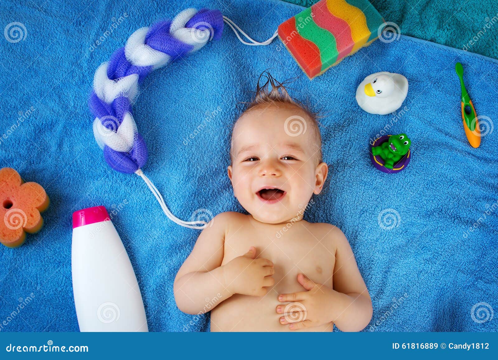 Baby Lying on Towel with Washing Tools Stock Image Image of bathing