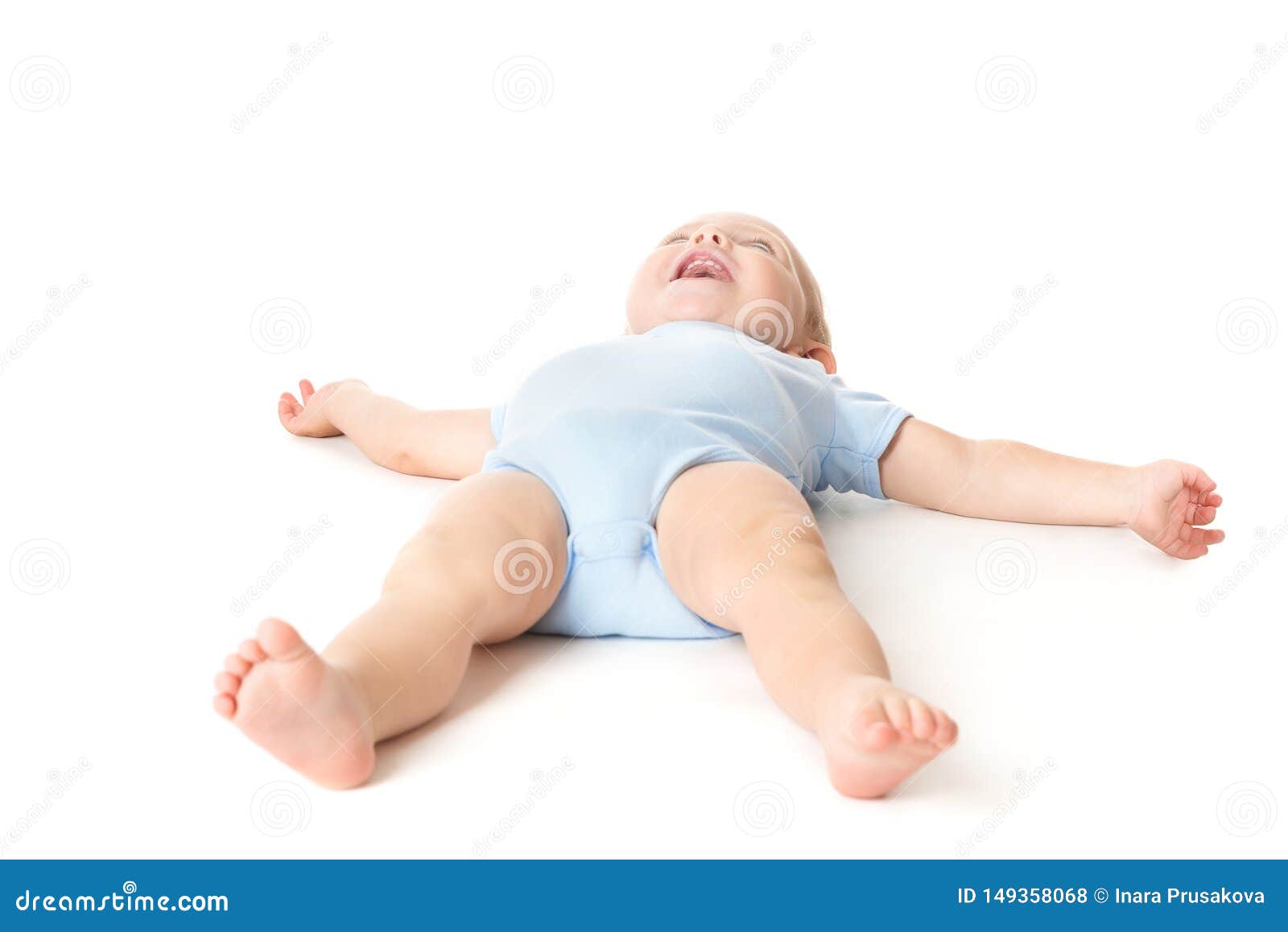Baby Lying On White Happy Infant Kid On Back Funny Boy Child Stock