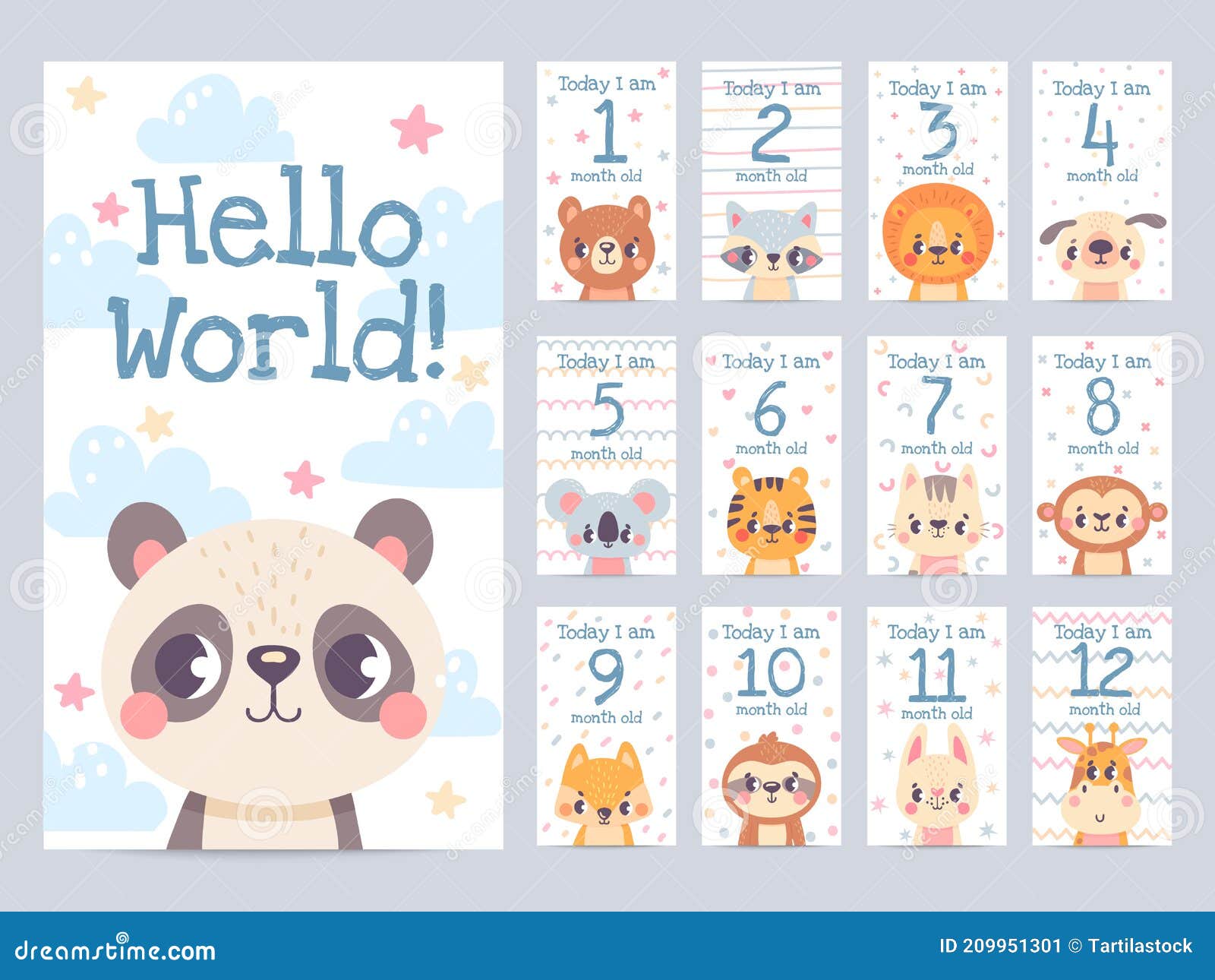 baby month cards with animals. monthly milestone stickers for newborn scrapbook. kids age tags with sloth, lion, giraffe