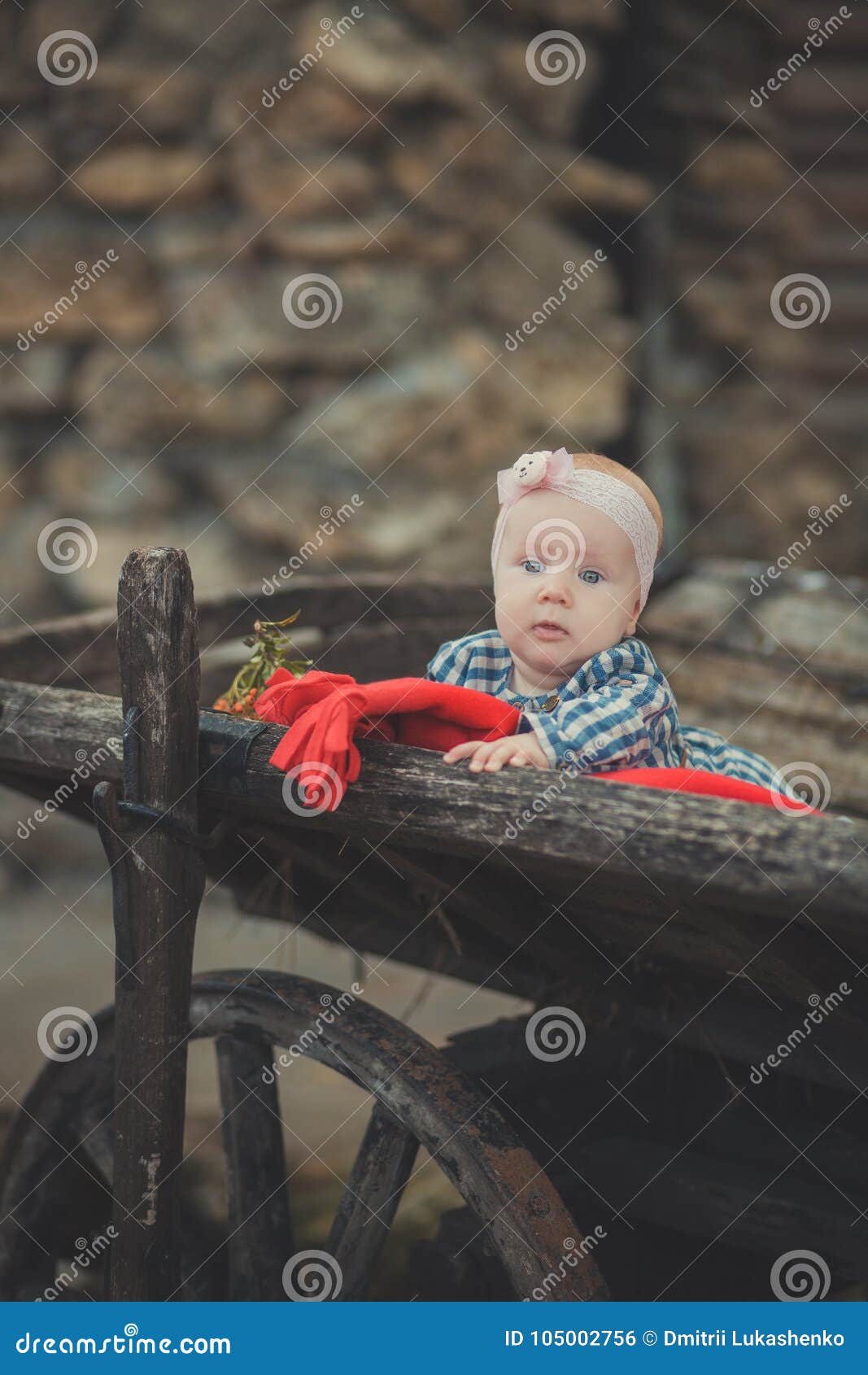 baby newborn girl with blue eyes wearing tartan check dress shirt and pink shawl bandana posing on wooden old style retro wagon ca