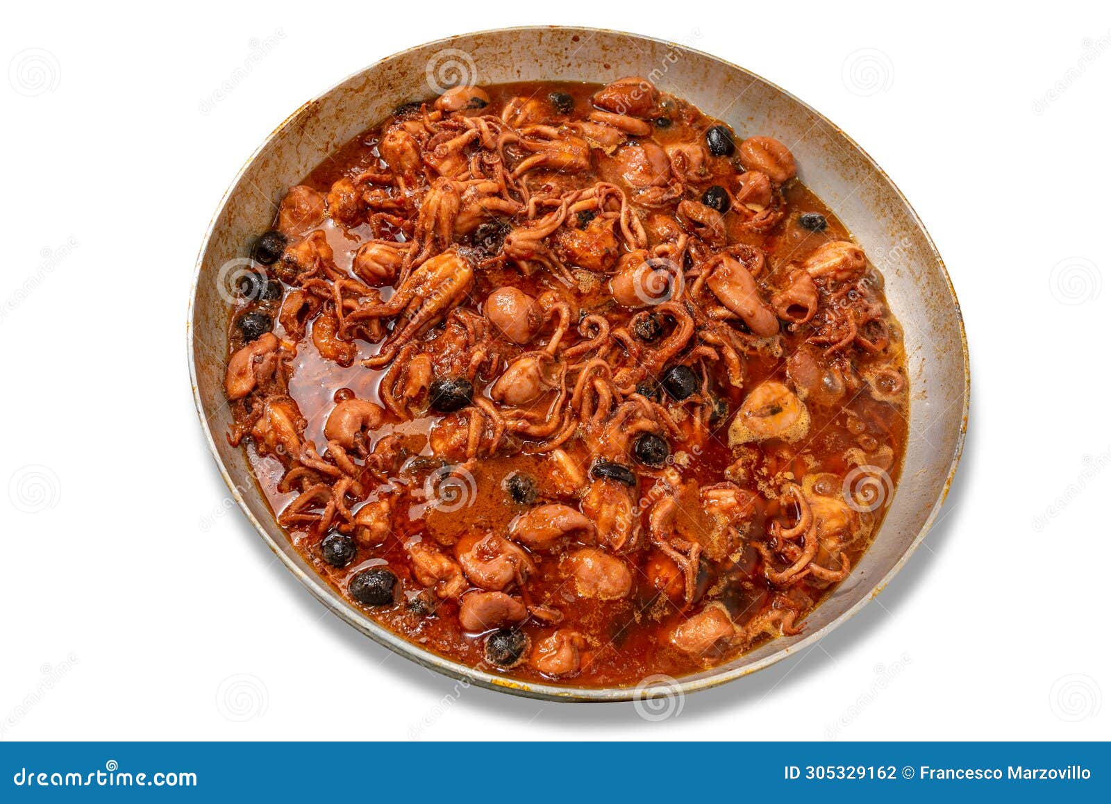 baby octopus in tomato sauce in aluminium pan