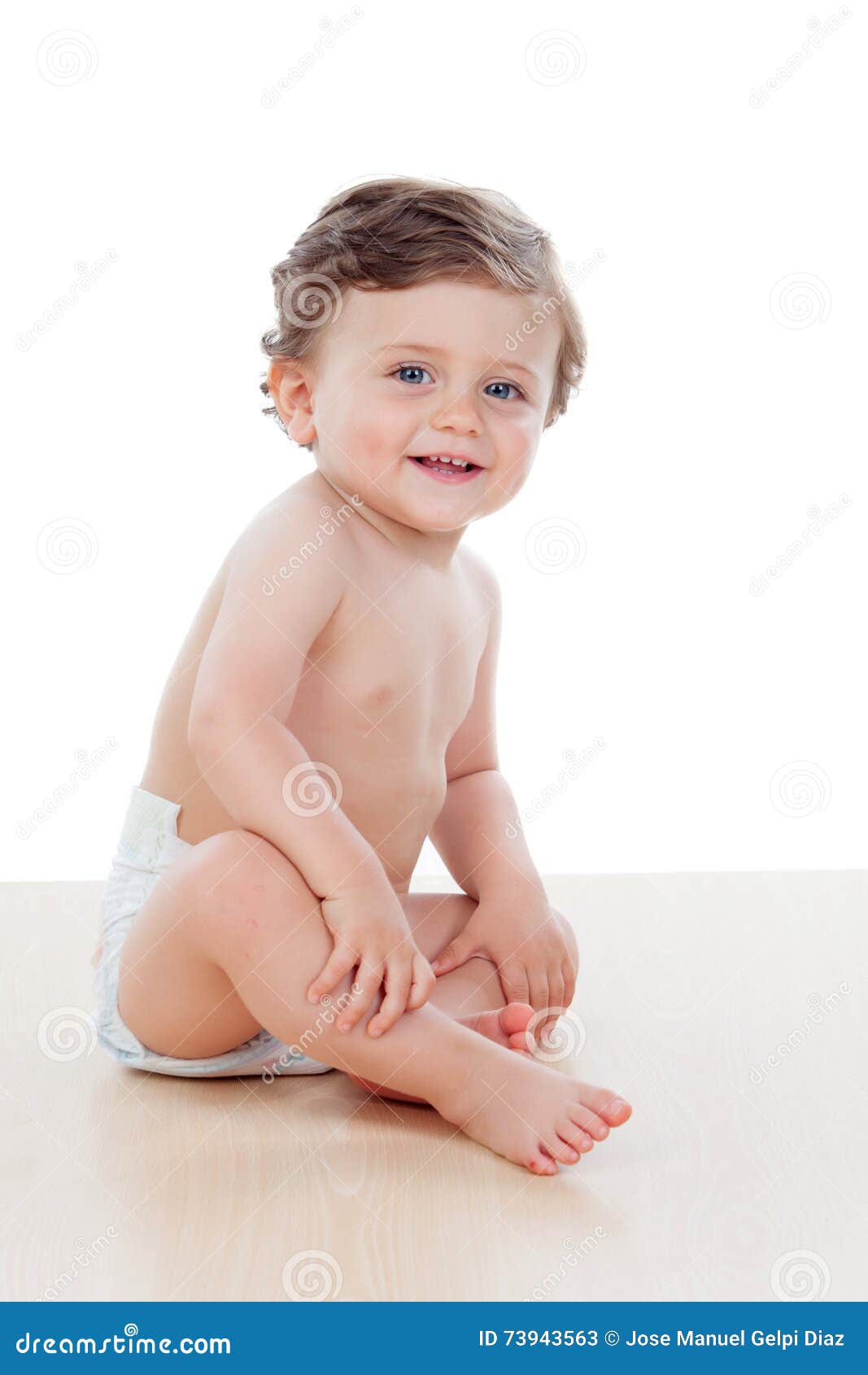Baby In Diaper Infant Kid Sitting On White One Year Old 