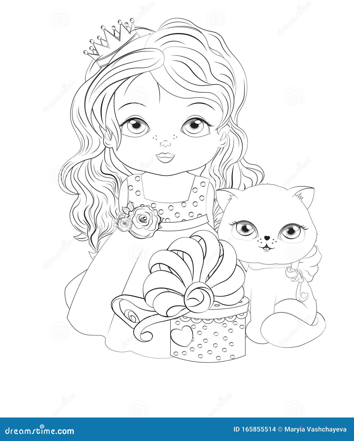 Baby Princess and Cat with Gift Coloring Book Stock Vector ...