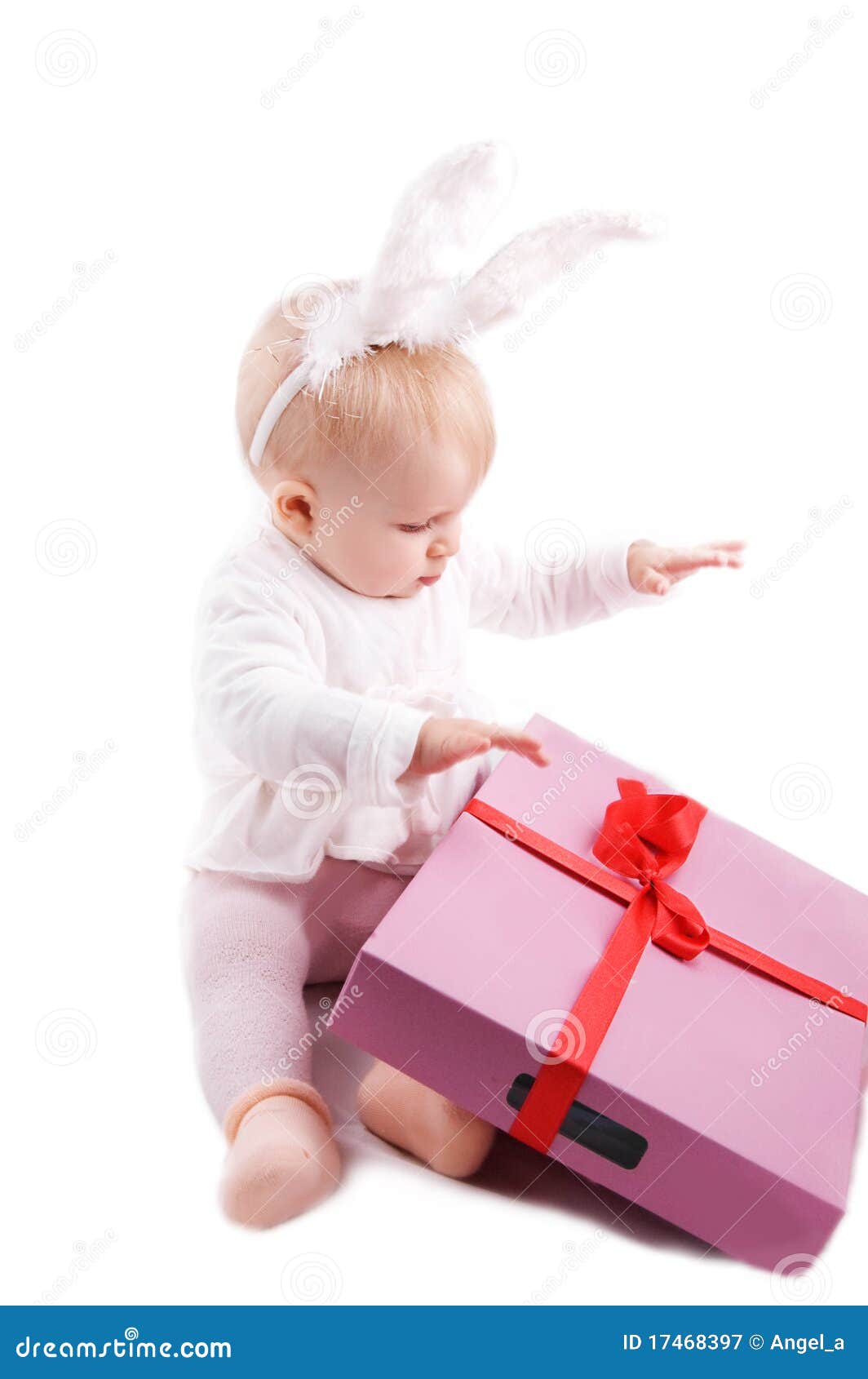Baby in Rabbit Costume with Pink Gift Stock Image Image of infant