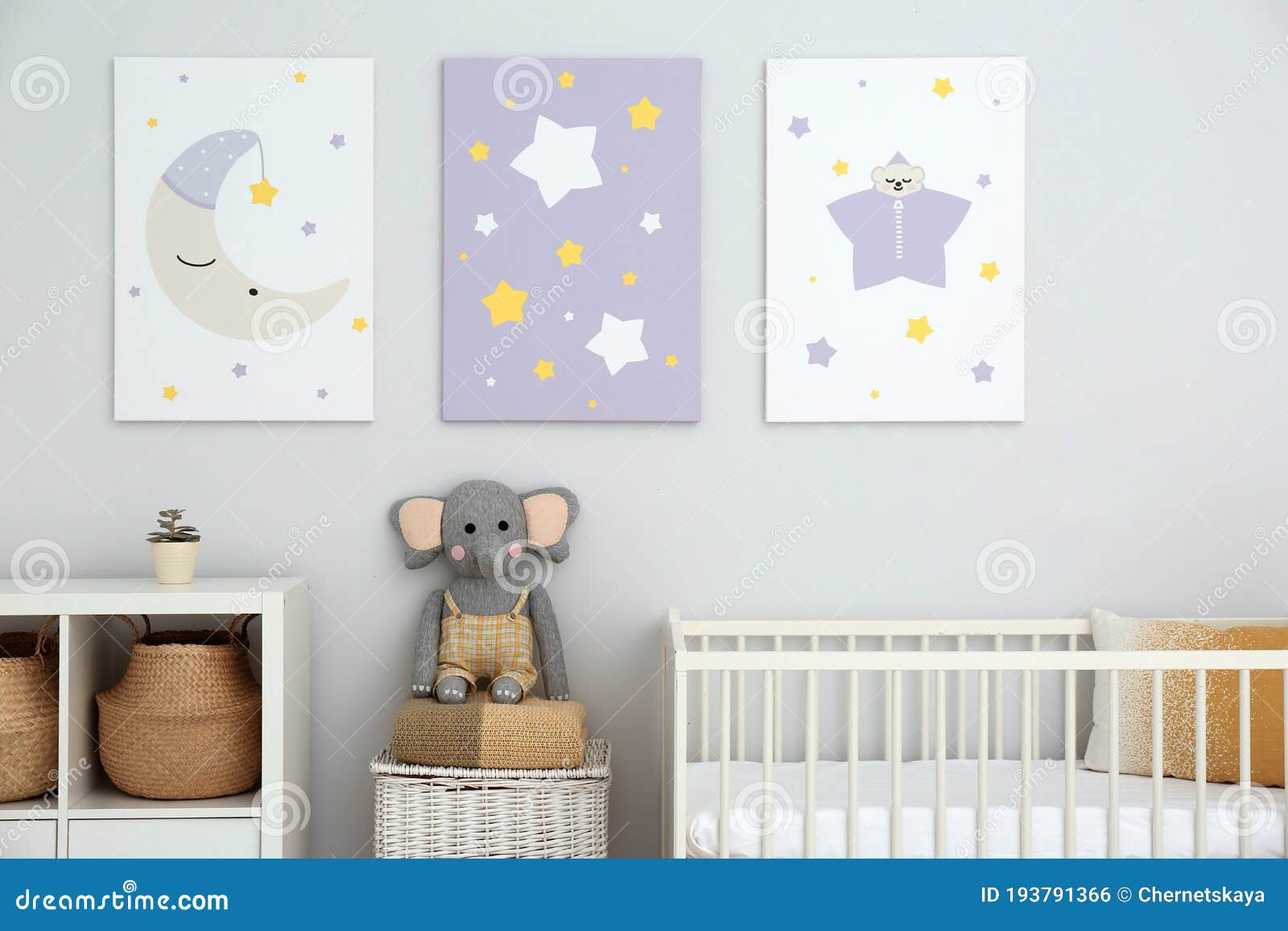 Baby Room with Crib and Cute Posters on Wall Stock Photo Image of