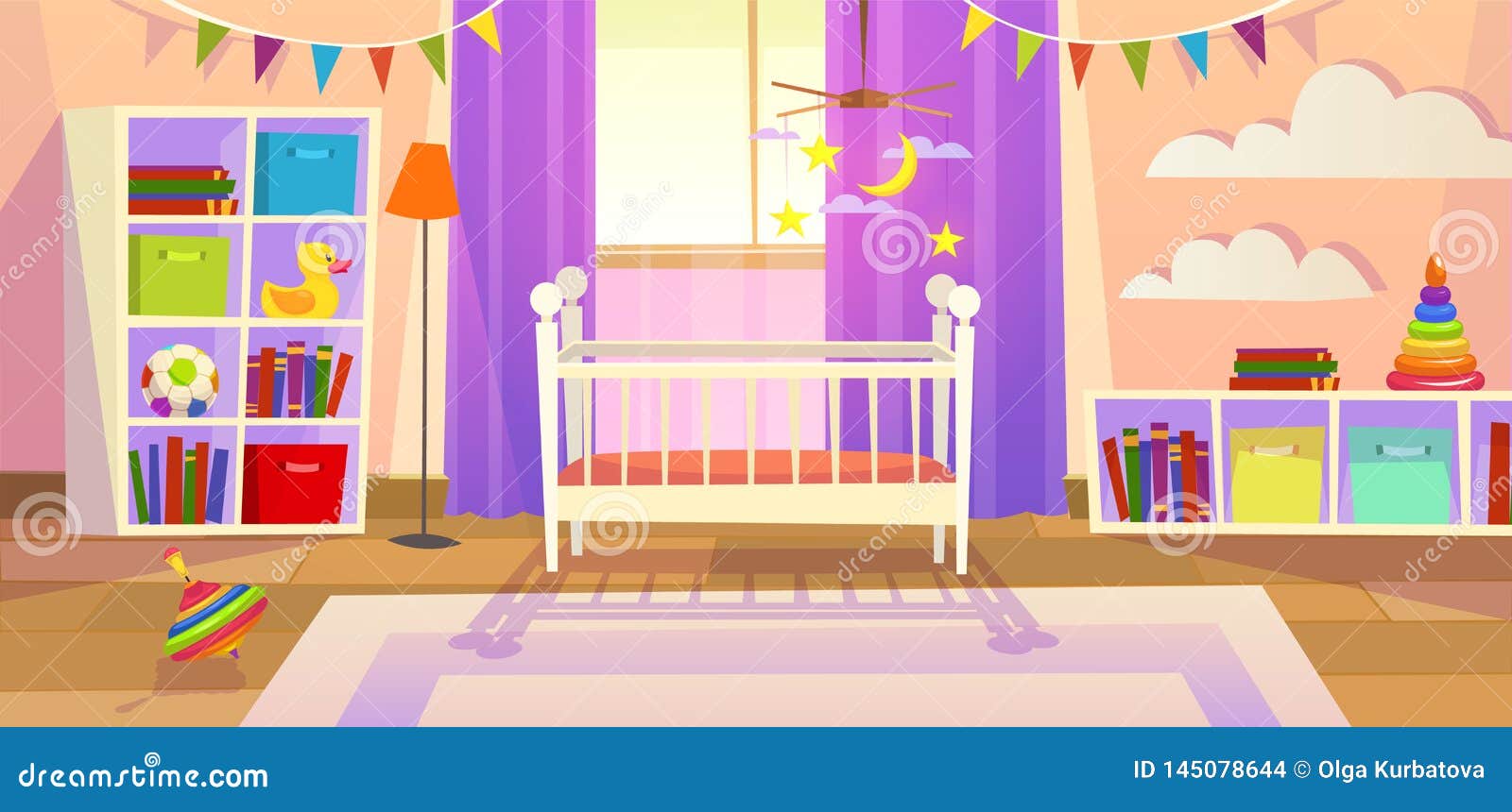 Baby Room. Interior Nursery Bedroom Newborn Furniture Cot Children Toys  Family Lifestyle Kid Playroom, Cartoon Image Stock Vector - Illustration of  flags, interior: 145078644