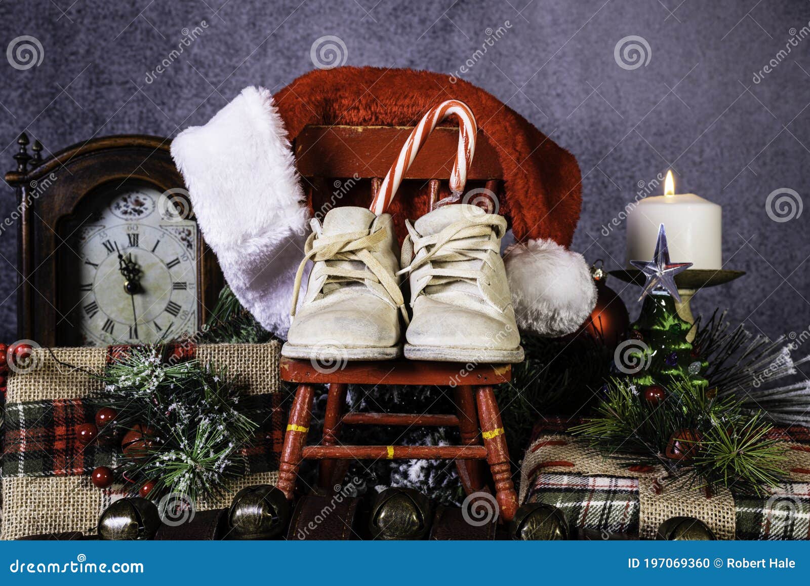 Baby`s First Christmas with Vintage Shoes and Candy Cane Stock Photo ...