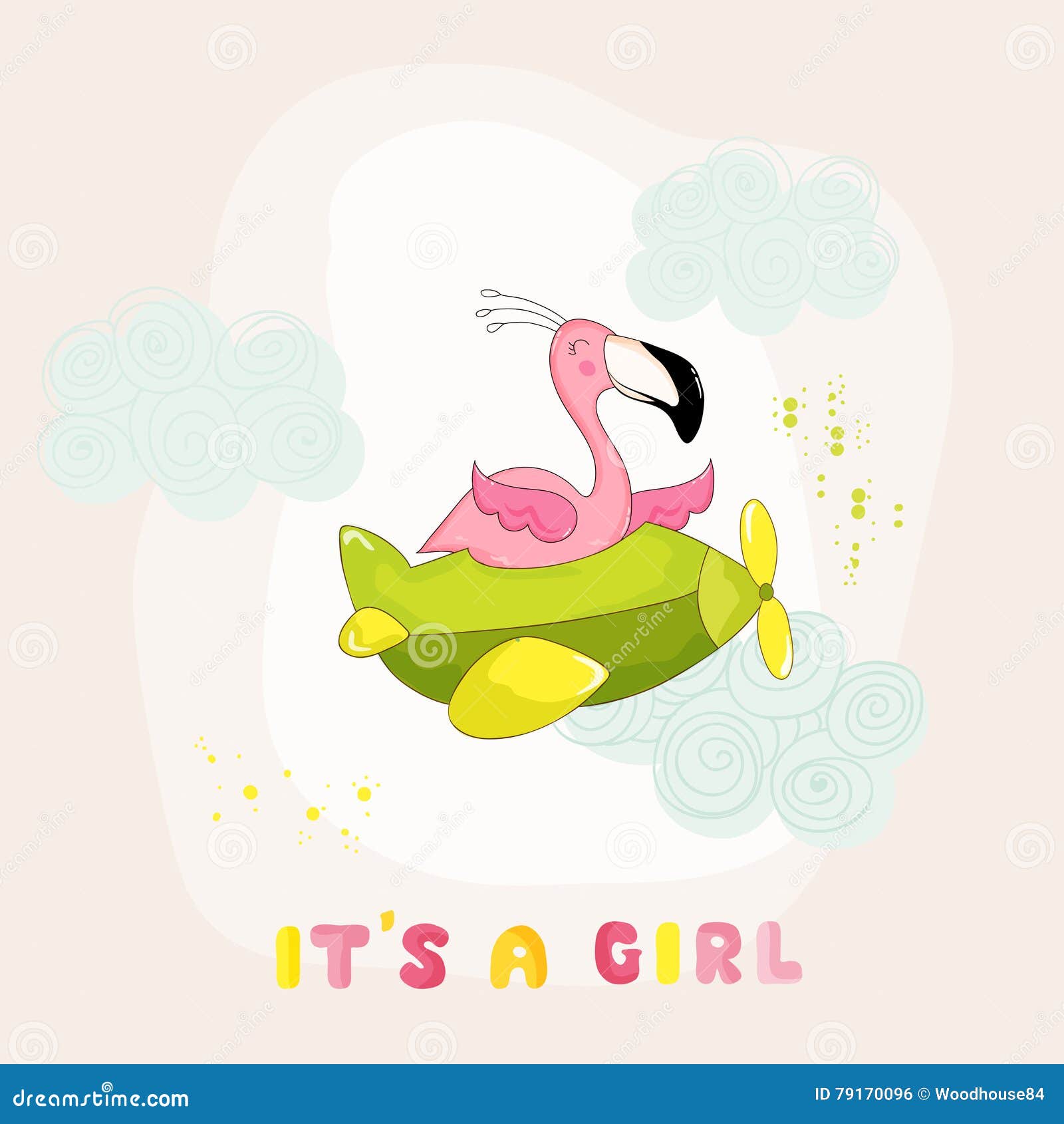 Baby Shower Or Arrival Card - Baby Flamingo Girl Flying On A Plane 