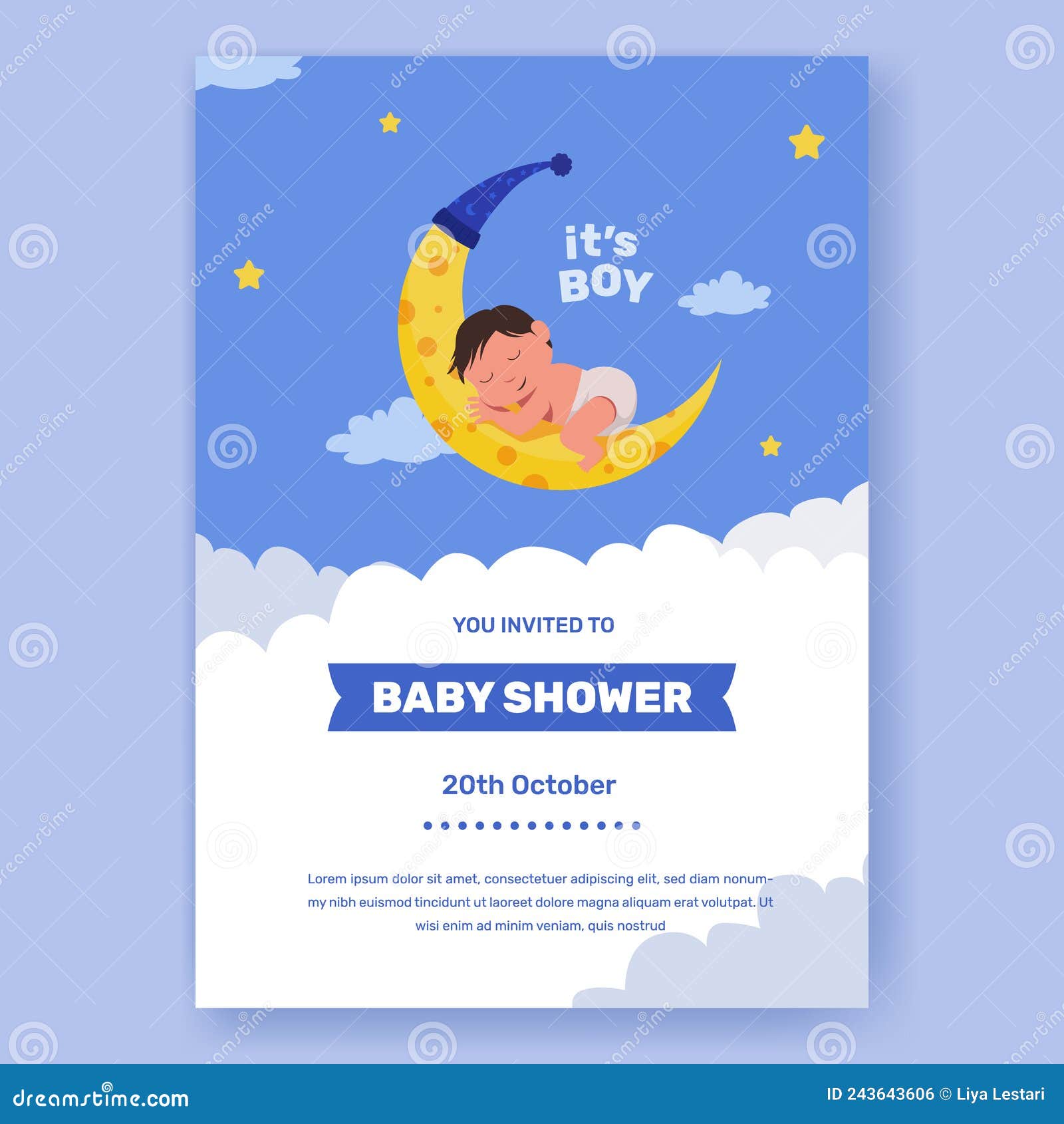 Baby Shower Poster Invitation. Baby Boy with Baby Sleep on Moon with ...