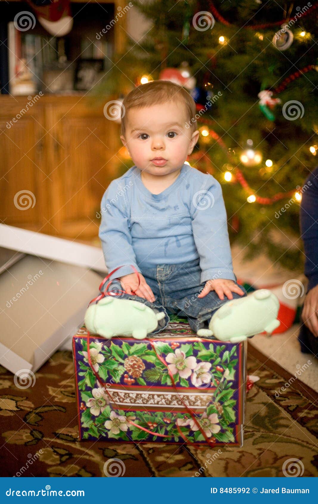 Baby Sitting on Christmas Present Stock Photo Image of cheeks