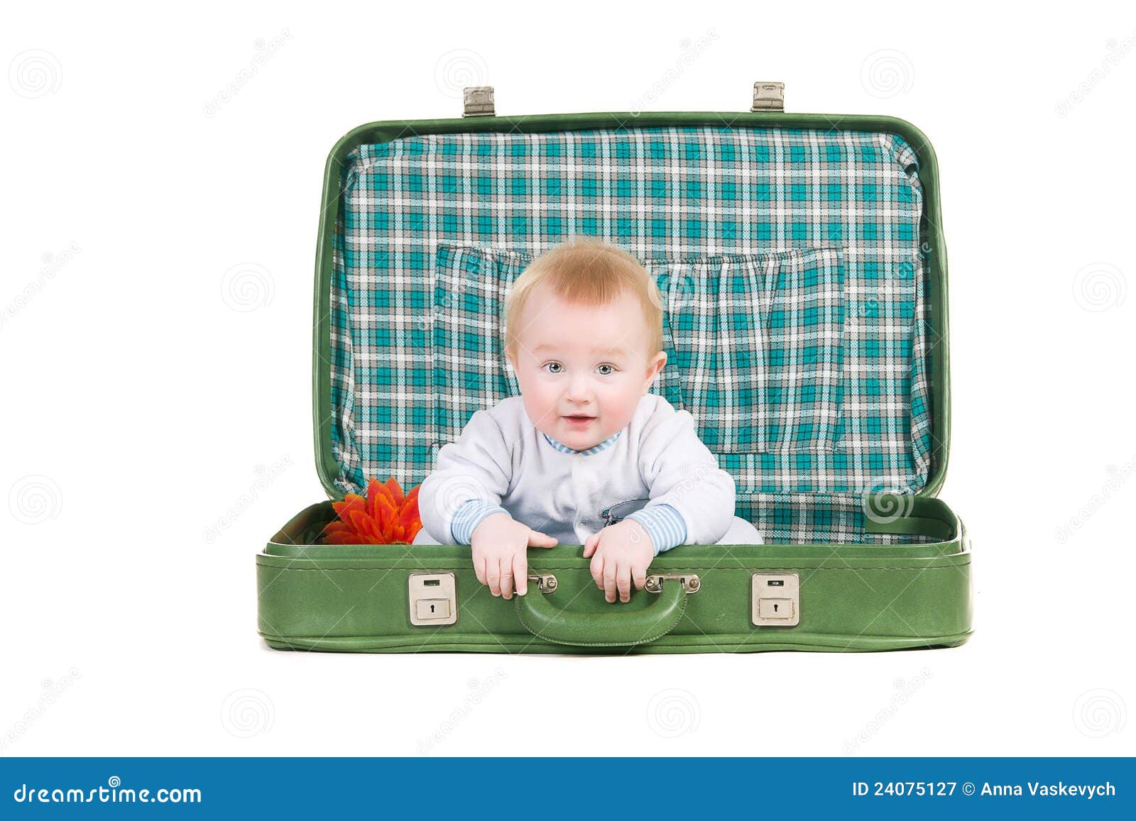Baby Sitting In An Old Green Suitcase Stock Image Image of infant