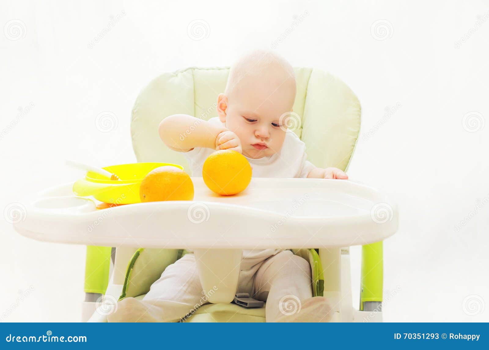Baby Sitting at Table with Fruits Home Stock Image Image of food