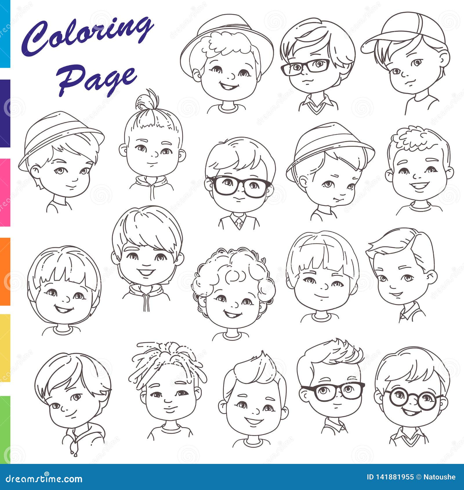 Coloring Page. Collection of Young Boys Portraits with Different Hairstyles Stock Vector - Illustration of drawing, asian: 141881955 Coloring Page. Collection of Young Boys Portraits with Different Hairstyles Stock Vector - Illustration of drawing, asian: 141881955