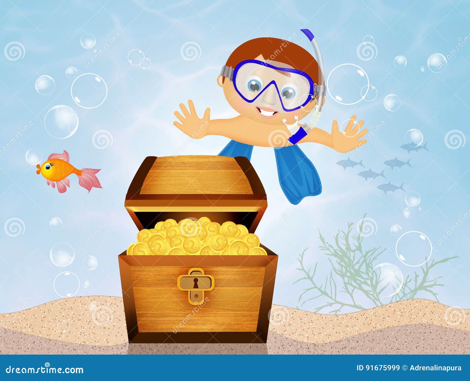 Baby Sub and Treasure Chest Stock Illustration Illustration of diving