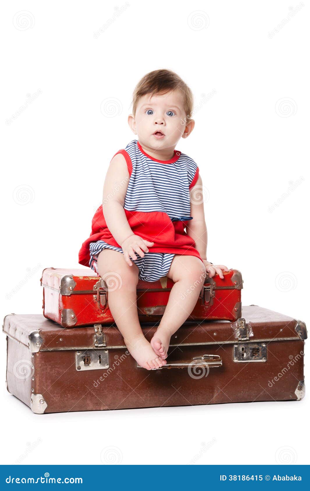 Baby with Suitcase Isolated on White Stock Image Image of dress, baby